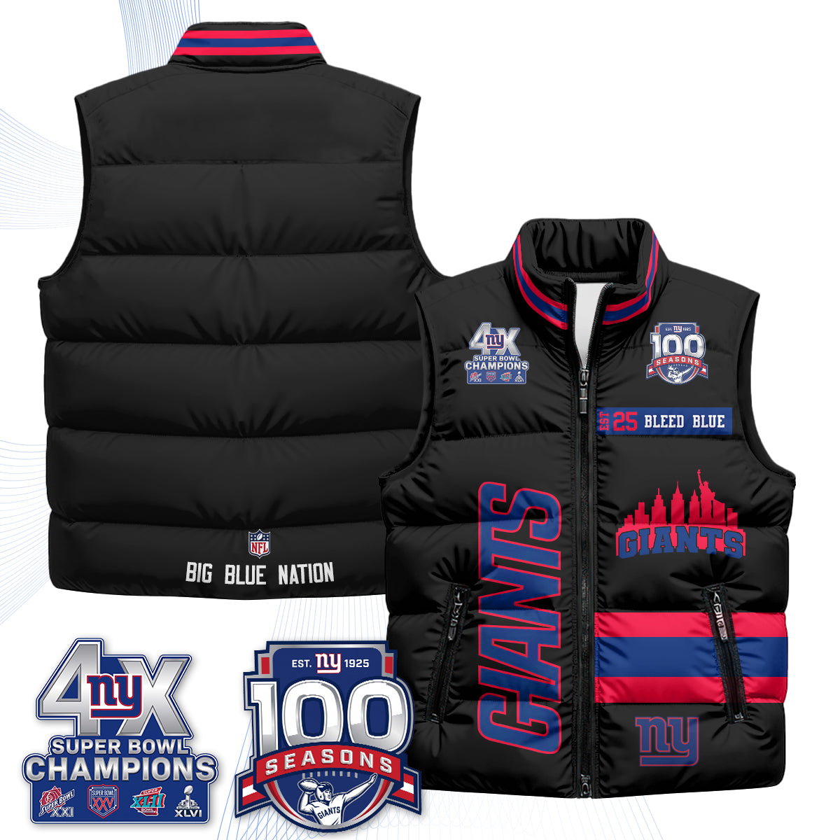 NYG 4X Champs S.Bowl Puffer Vest - Printed