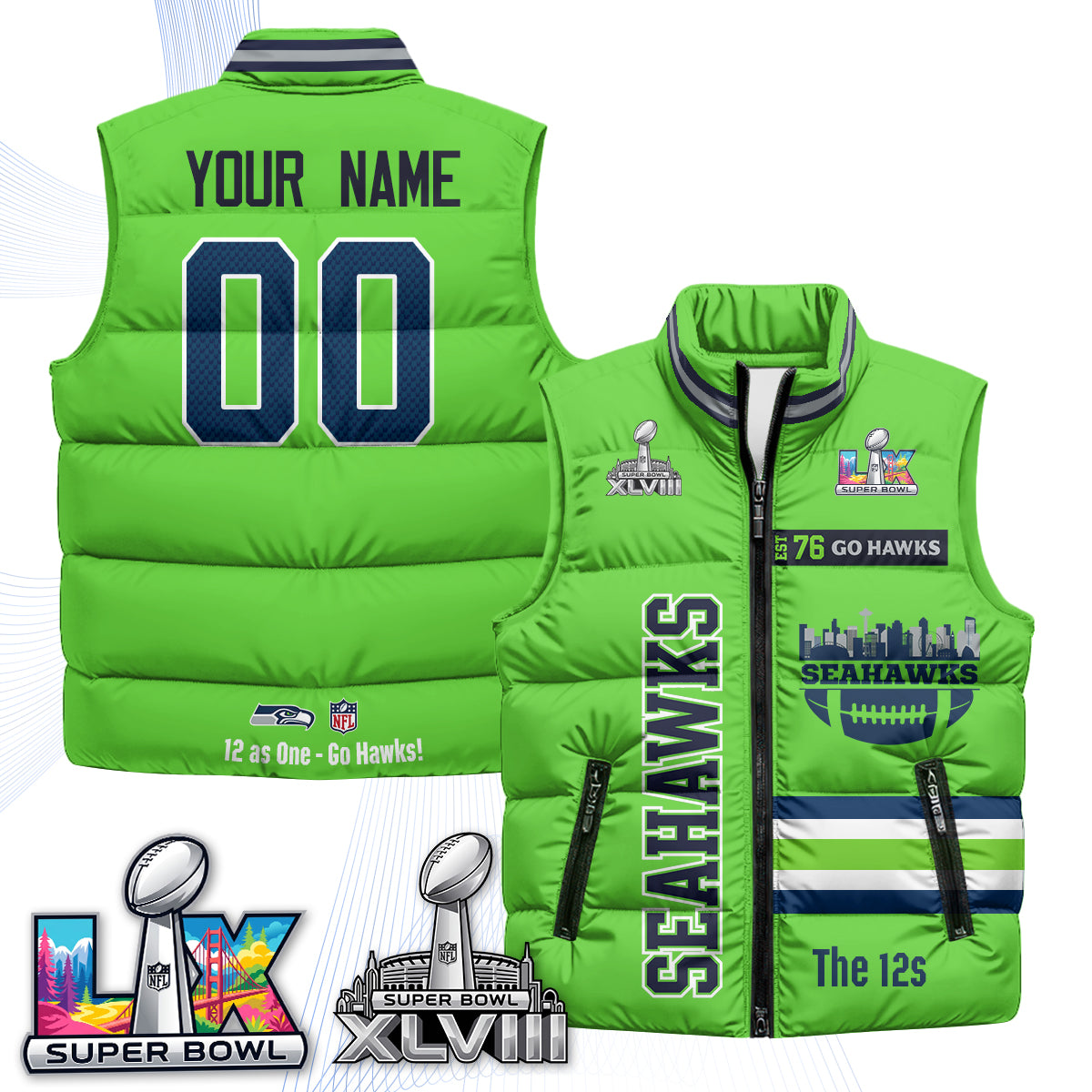 SEA "Go Hawks" Edition Custom Puffer Vest - Printed