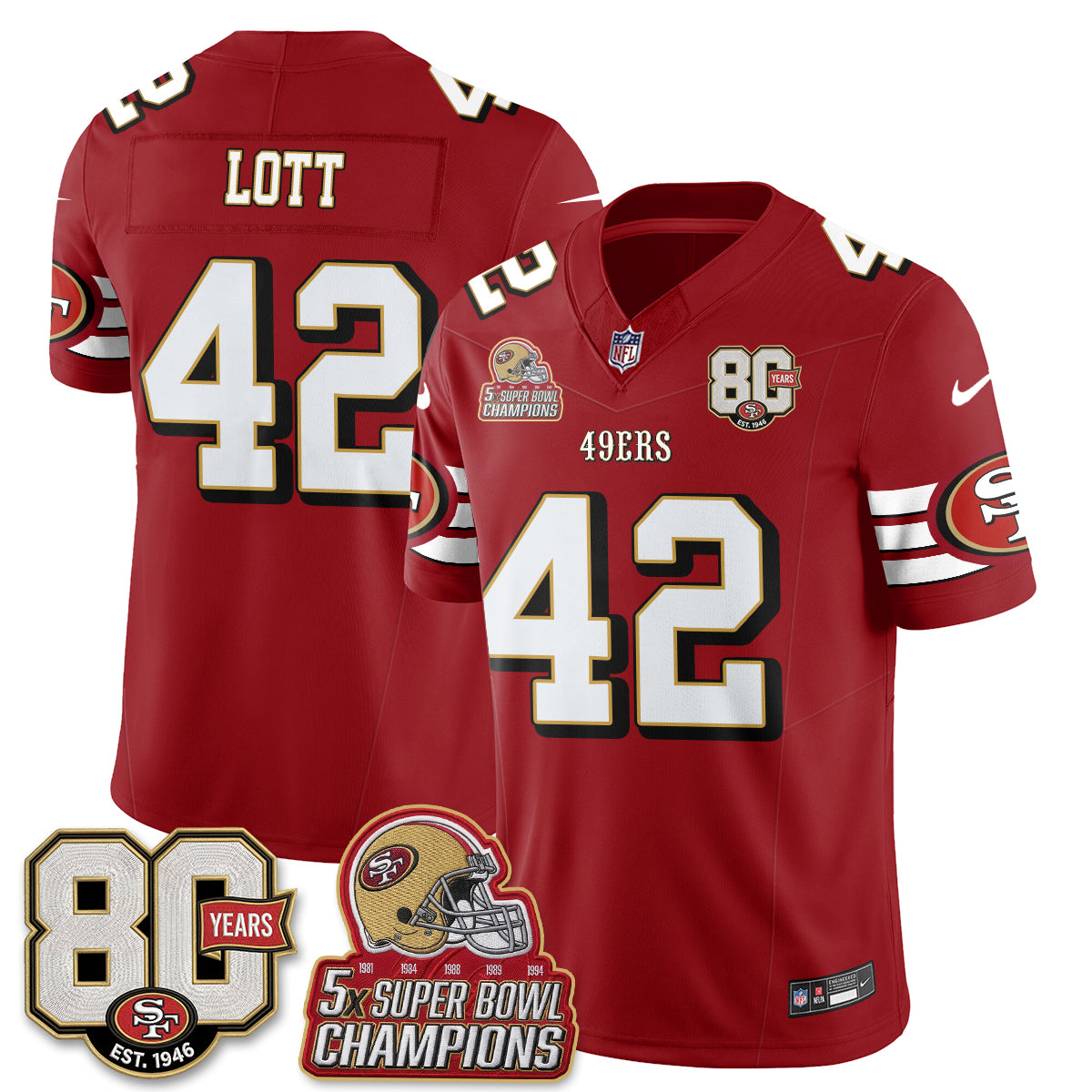 San Francisco 49ers 80th Anniversary & 5X Champs Patch Throwback Vapor Jersey - Stitched