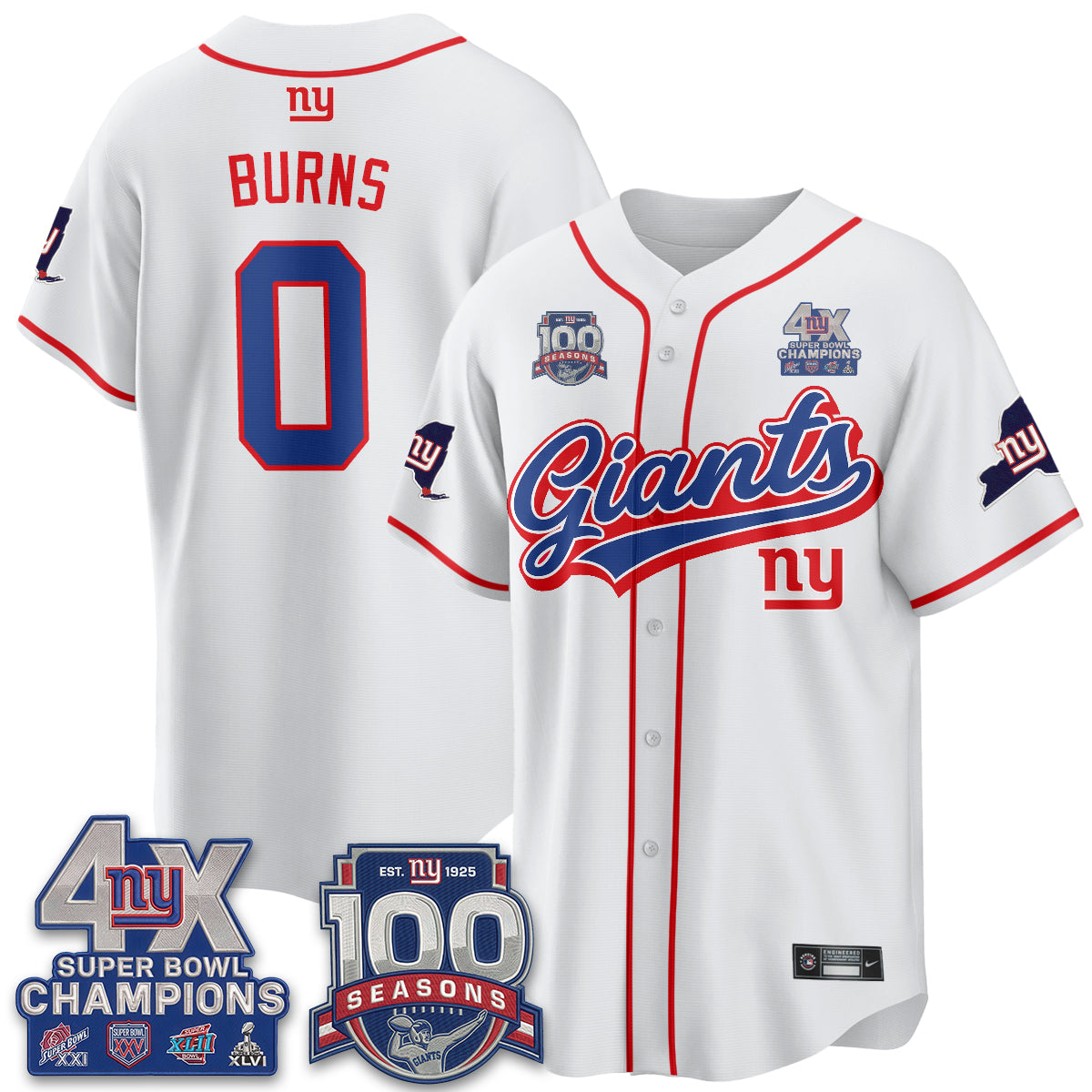 NYG 4X Champs & 100 Anniversary Vapor Baseball Jersey V2- Stitched