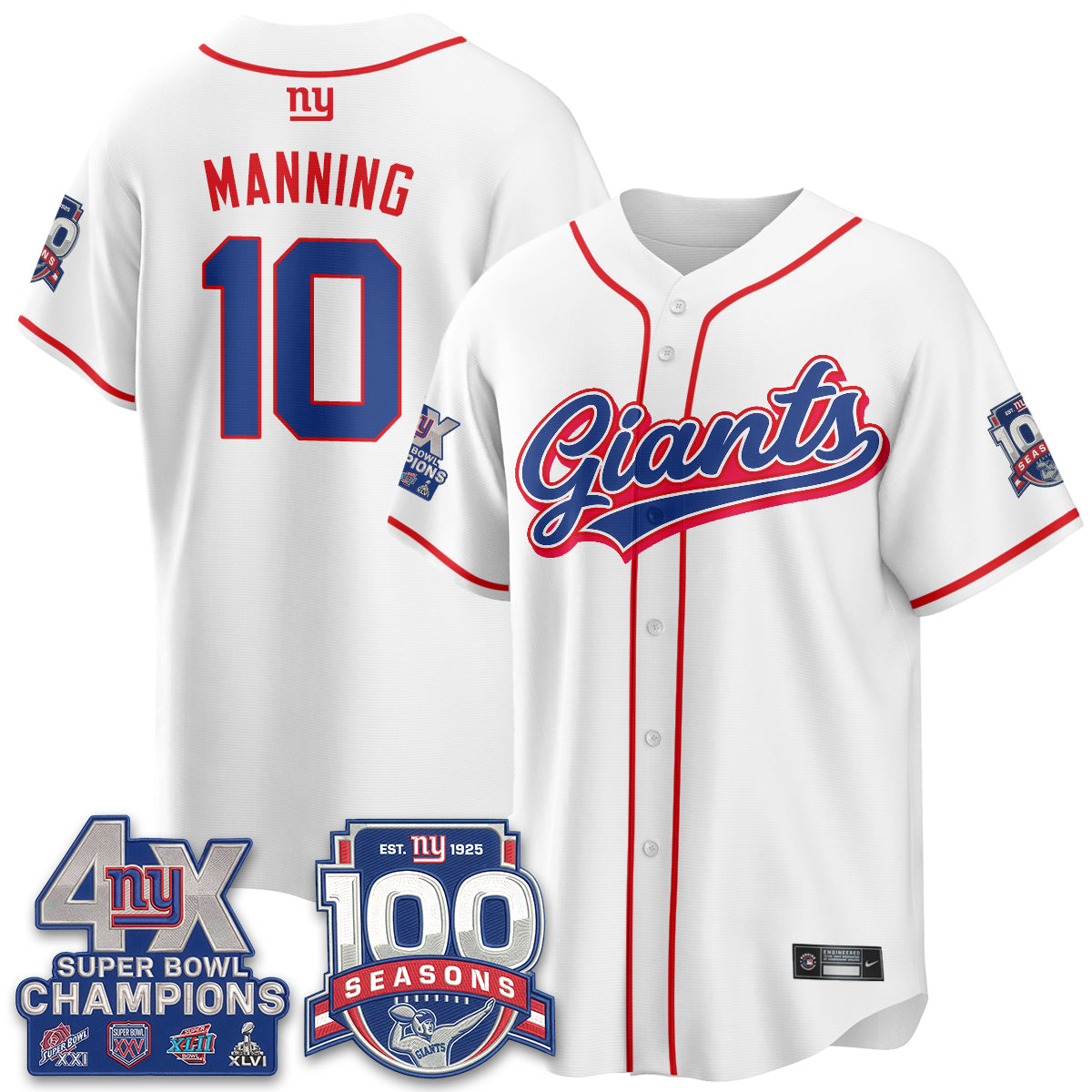 NYG 4X Champs & 100 Anniversary Vapor Baseball Jersey - Stitched