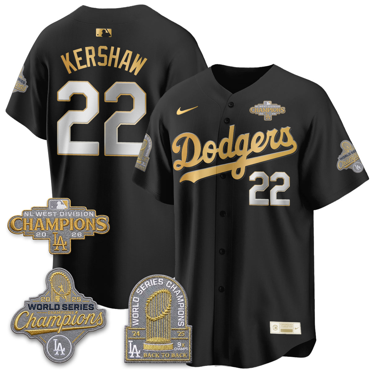 Los Angeles Dodgers 2026 NL West Champs Black Gold Vapor Jersey- Stitched