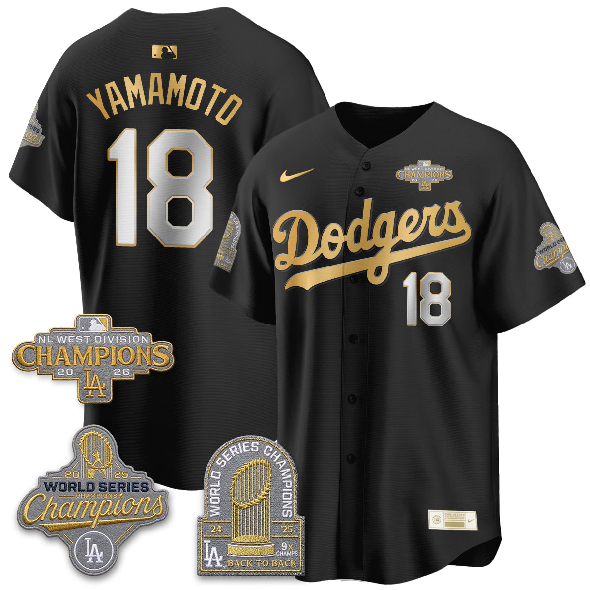 Los Angeles Dodgers 2026 NL West Champs Black Gold Vapor Jersey- Stitched