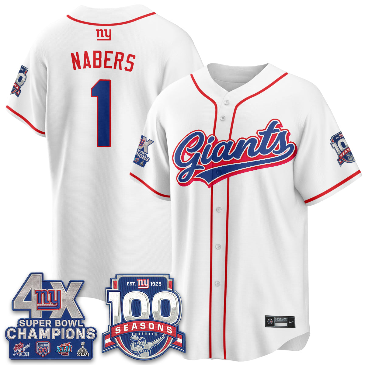 NYG 4X Champs & 100 Anniversary Vapor Baseball Jersey - Stitched