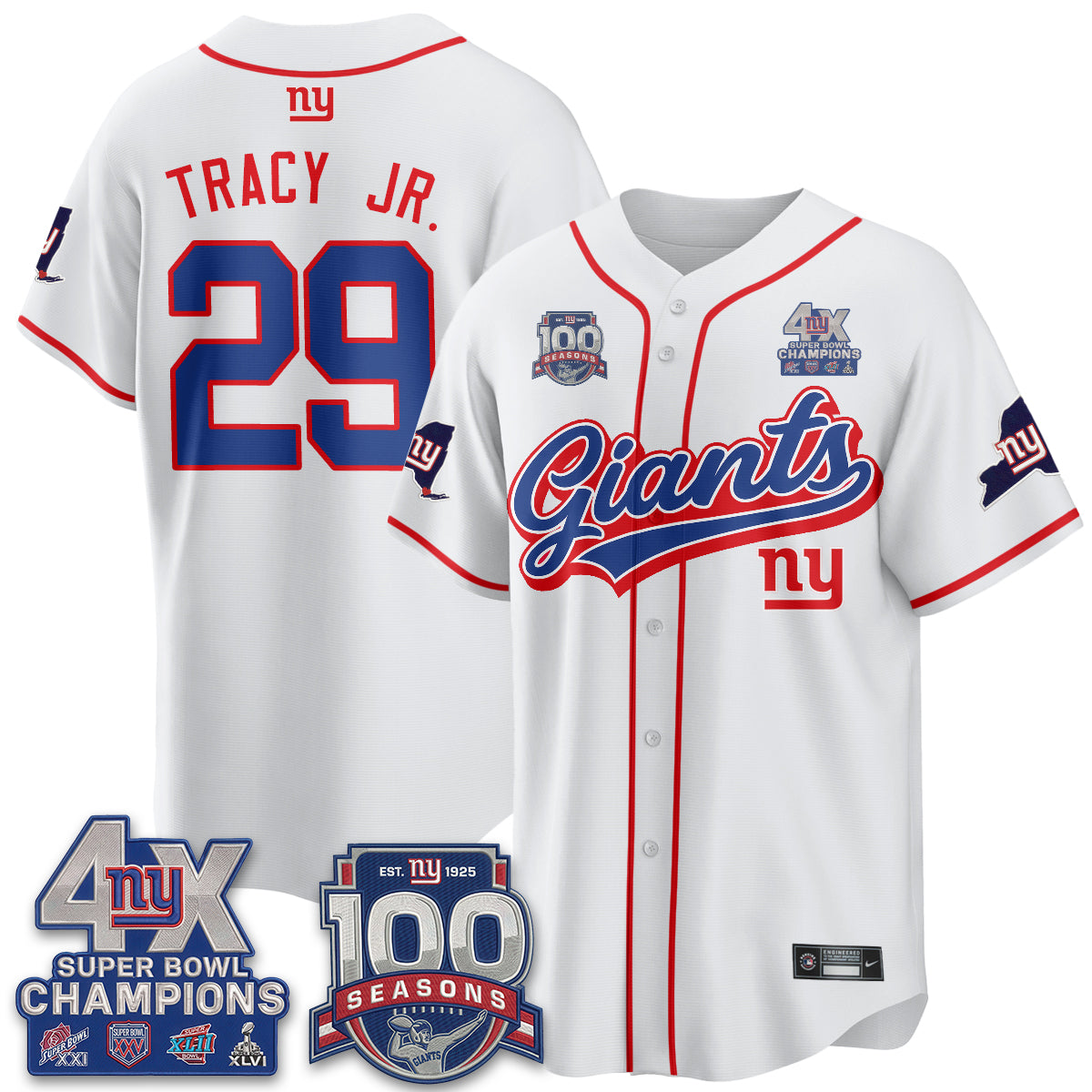 NYG 4X Champs & 100 Anniversary Vapor Baseball Jersey V2- Stitched