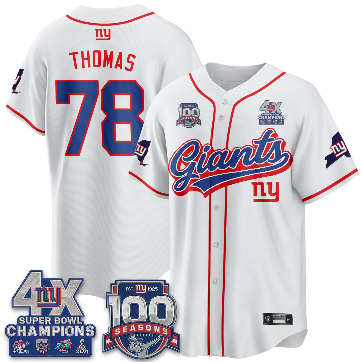 NYG 4X Champs & 100 Anniversary Vapor Baseball Jersey V2- Stitched