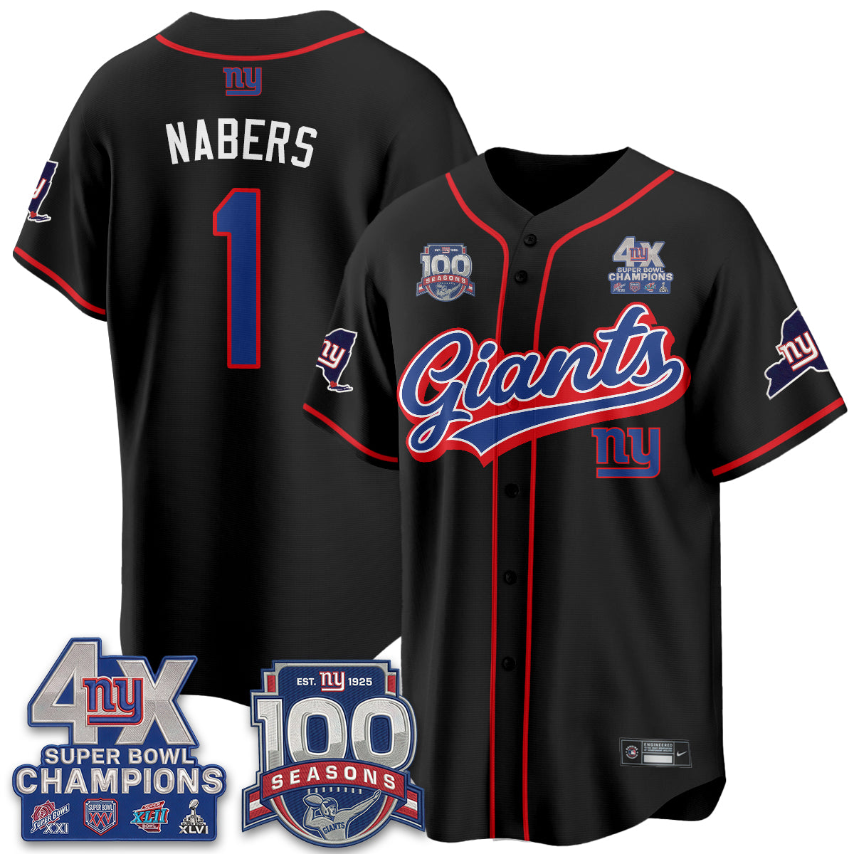 NYG 4X Champs & 100 Anniversary Vapor Baseball Jersey V2- Stitched