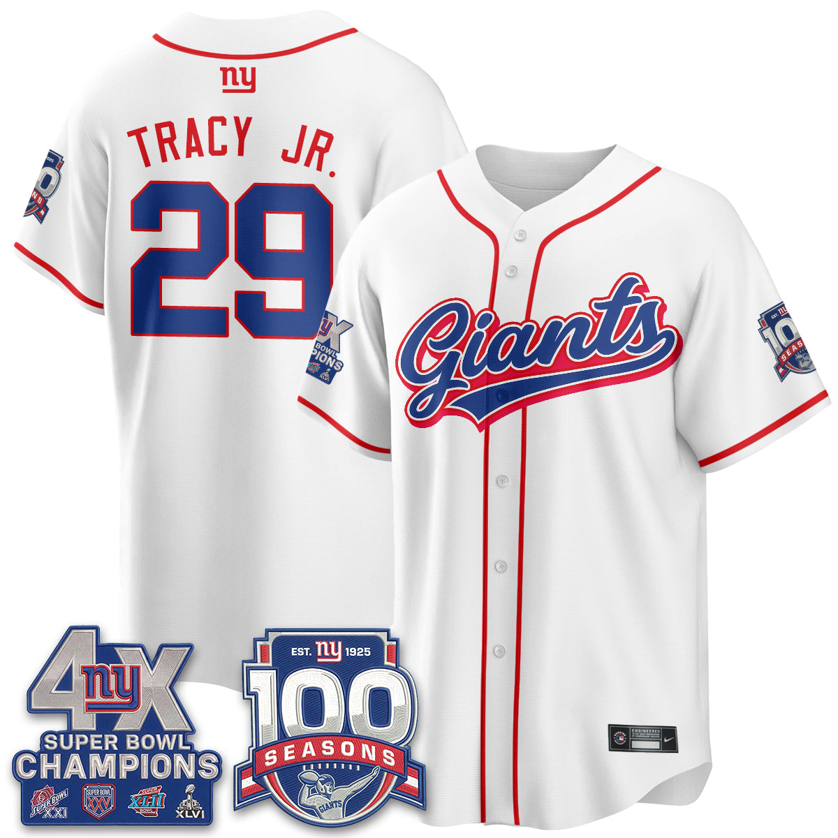 NYG 4X Champs & 100 Anniversary Vapor Baseball Jersey - Stitched