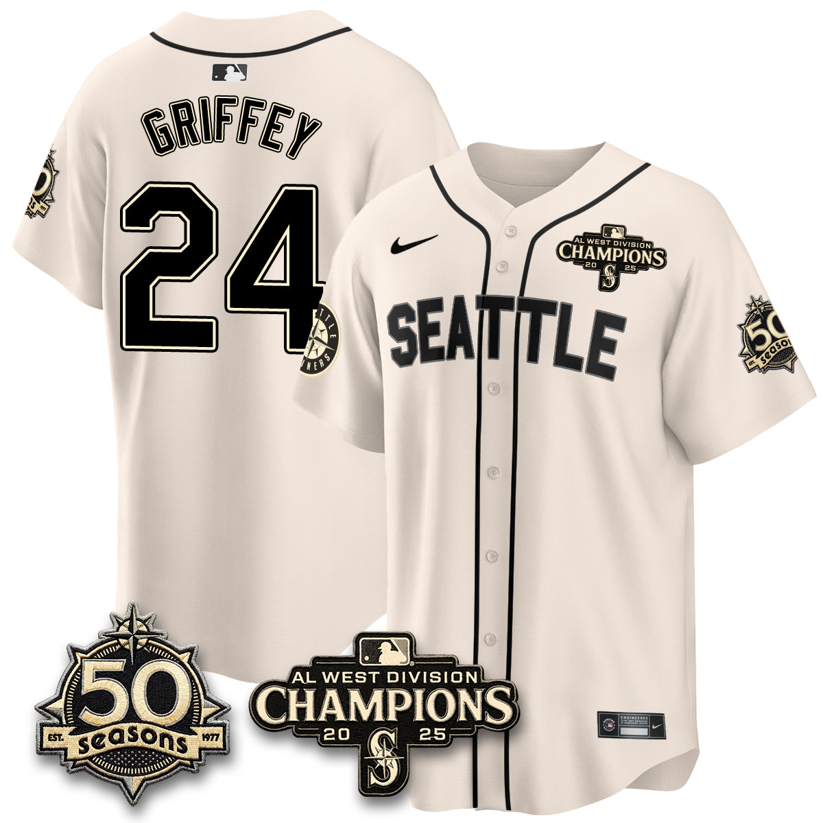 SEA Limited Throwback Cream Jersey - 50th Anniversary & AL West Division Champions - All Stitched