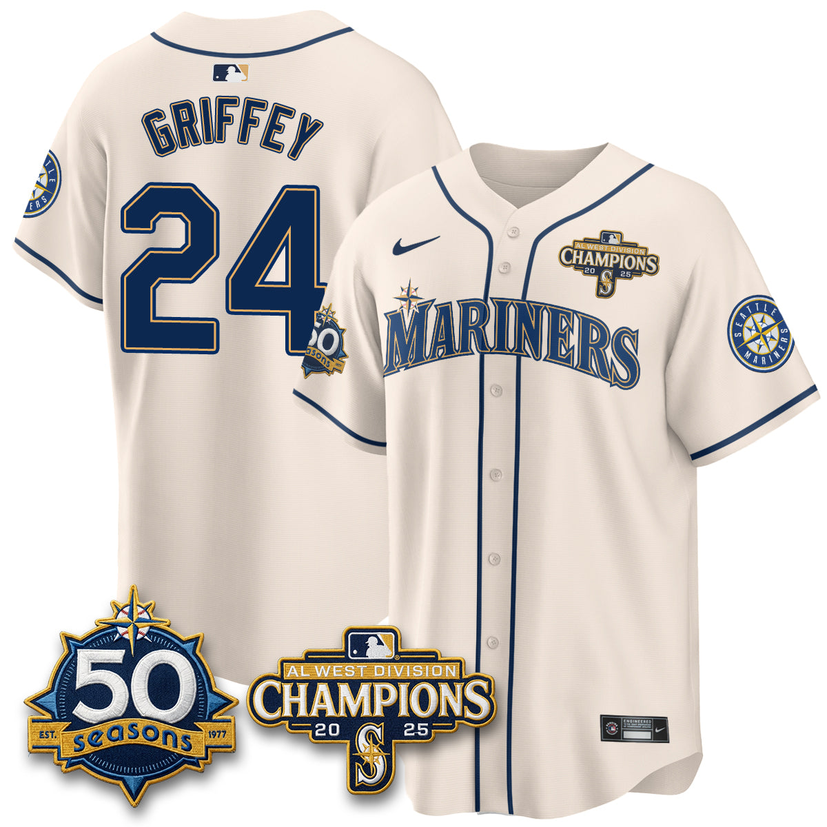 SEA Limited Throwback Cream Jersey - 50th Anniversary & AL West Division Champions - All Stitched