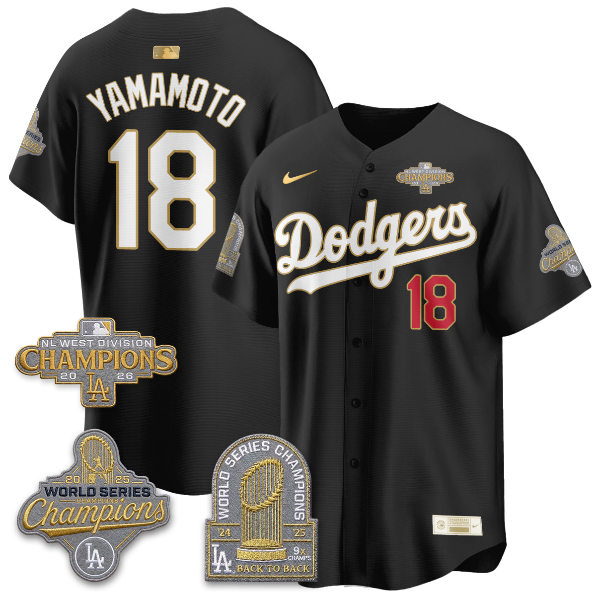 Los Angeles Dodgers 2026 NL West Champs Black Gold Vapor Jersey- Stitched