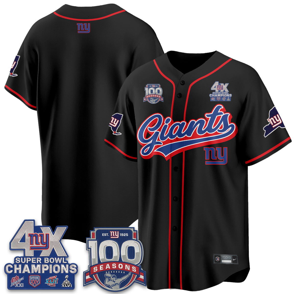 NYG 4X Champs & 100 Anniversary Vapor Baseball Jersey V2- Stitched