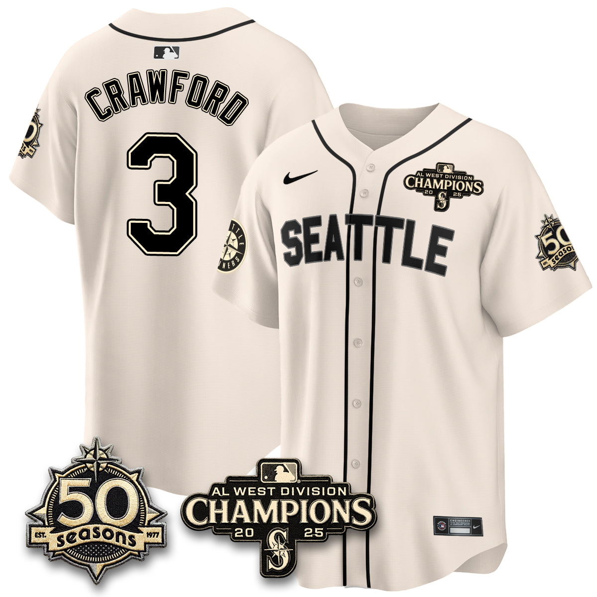 SEA Limited Throwback Cream Jersey - 50th Anniversary & AL West Division Champions - All Stitched