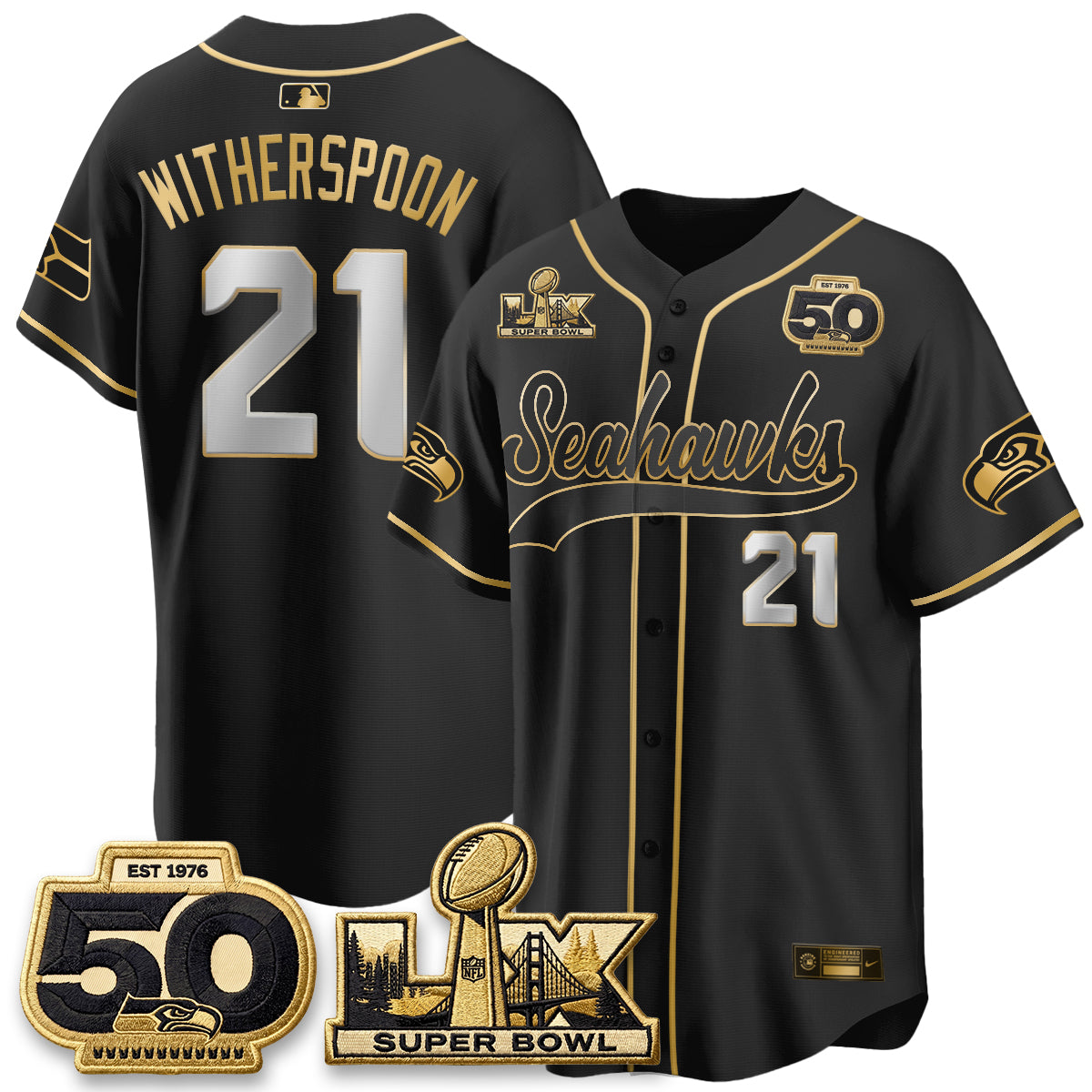 Seattle Seahawks SB LX Champs Gold Edition Baseball Jersey - Stitch