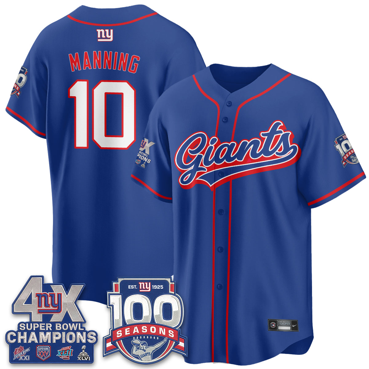 NYG 4X Champs & 100 Anniversary Vapor Baseball Jersey - Stitched