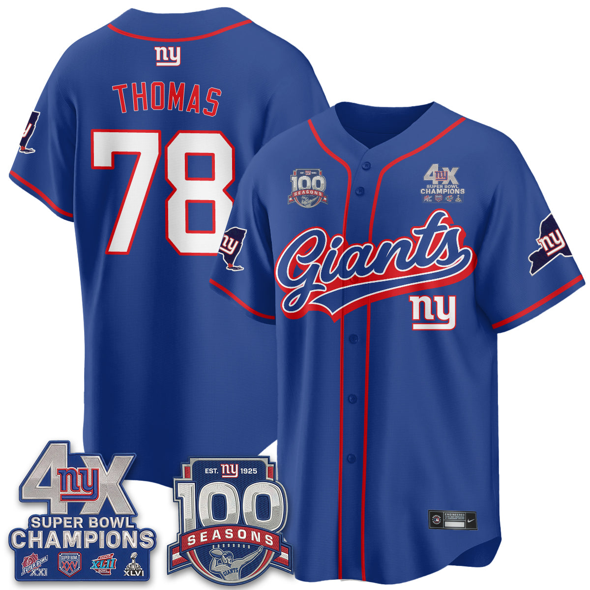 NYG 4X Champs & 100 Anniversary Vapor Baseball Jersey V2- Stitched