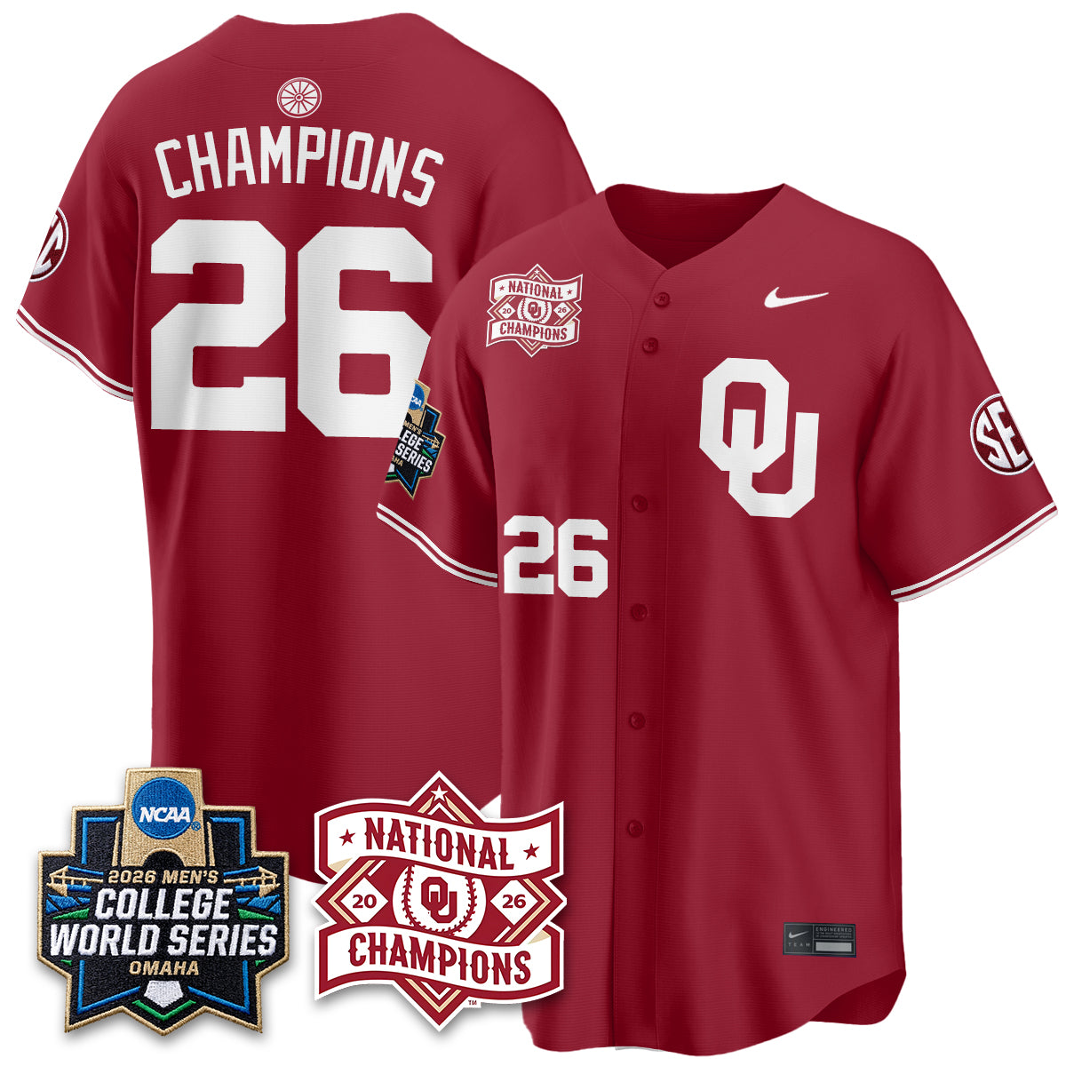 Oklahoma Sooners 2026 NCAA Baseball Men's College World Series Champions Vapor Jersey - Stitched
