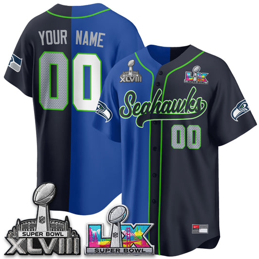 SEA S.Bowl Champs Split Baseball Custom Jersey V2- Stitched