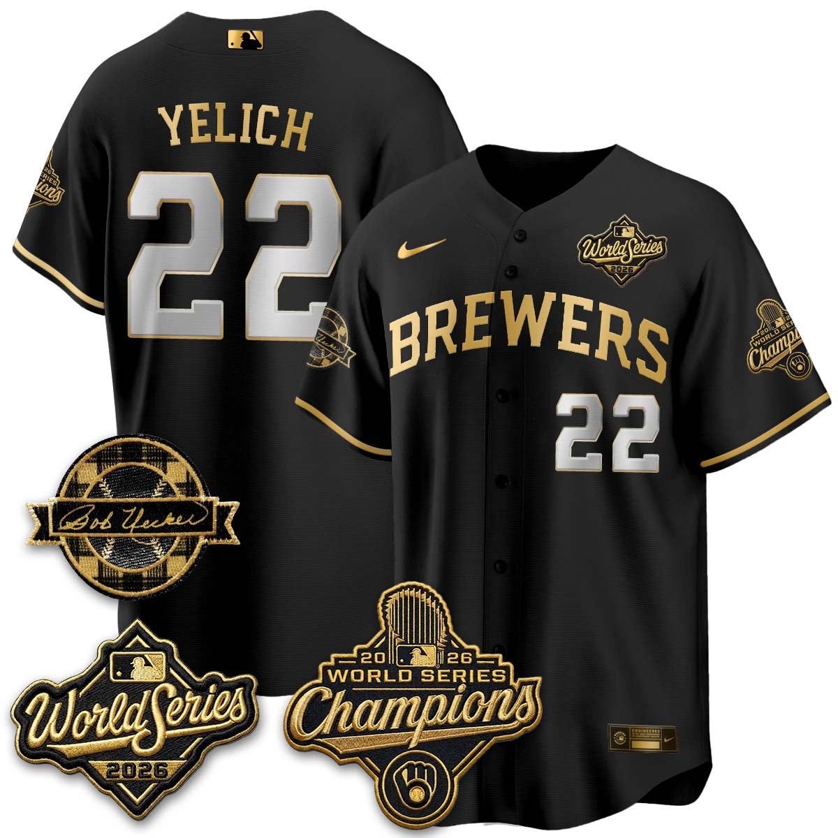 MIL 2026 WS Champions - Bob Uecker Patch Gold Jersey - Stitched (Tiktok)