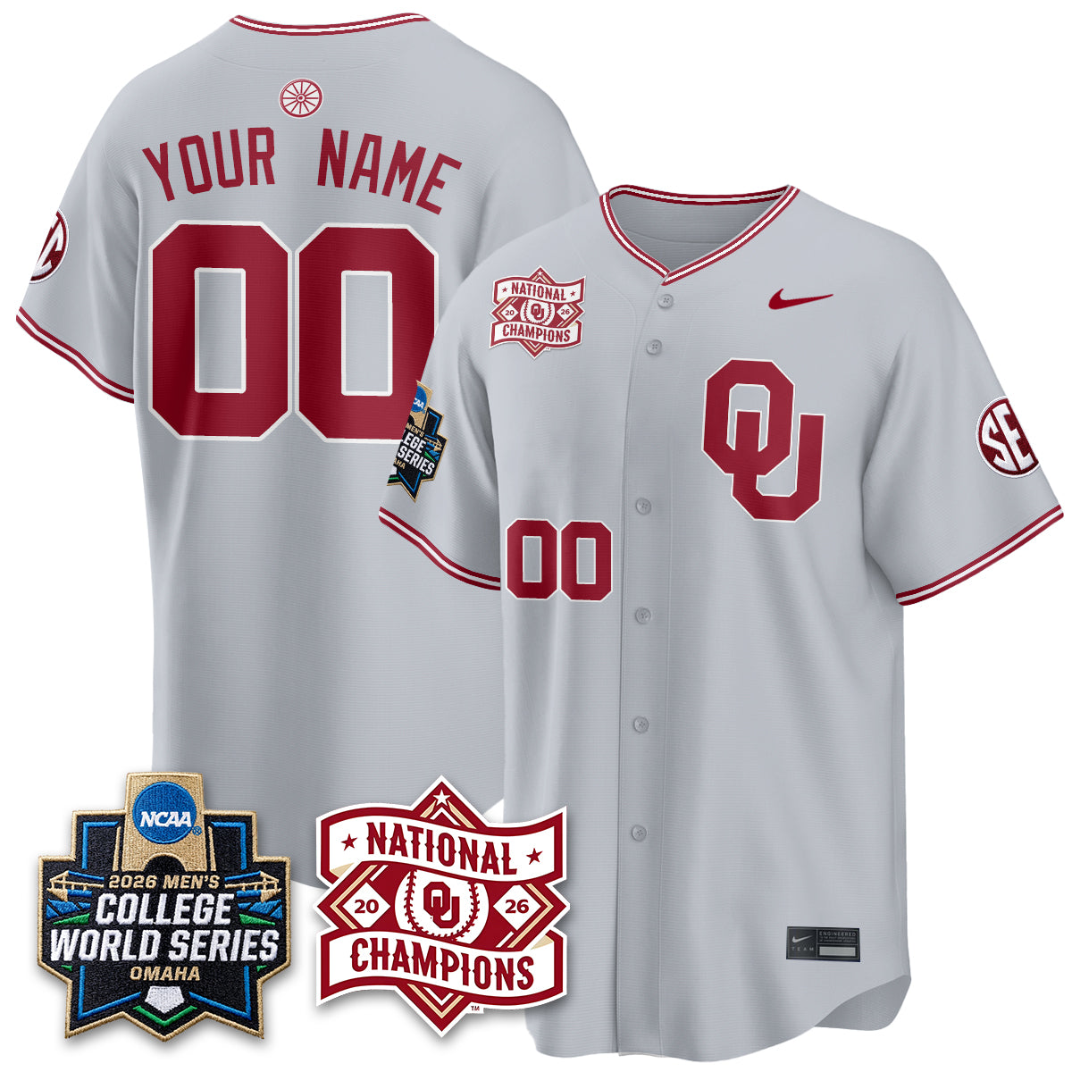 Oklahoma Sooners 2026 NCAA Baseball Men's College World Series Champions Vapor Custom Jersey - Stitched