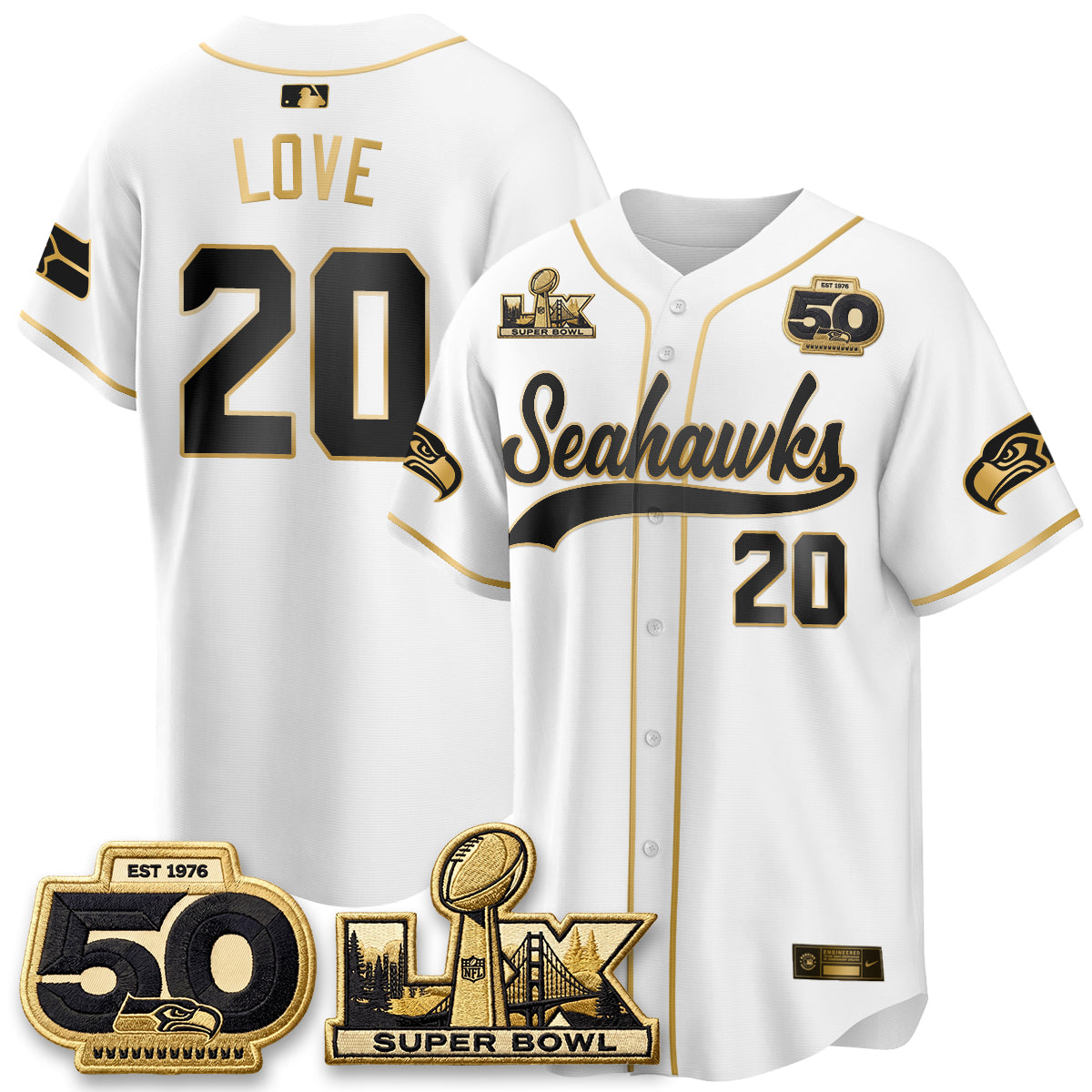 Seattle Seahawks SB LX Champs Gold Edition Baseball Jersey - Stitch