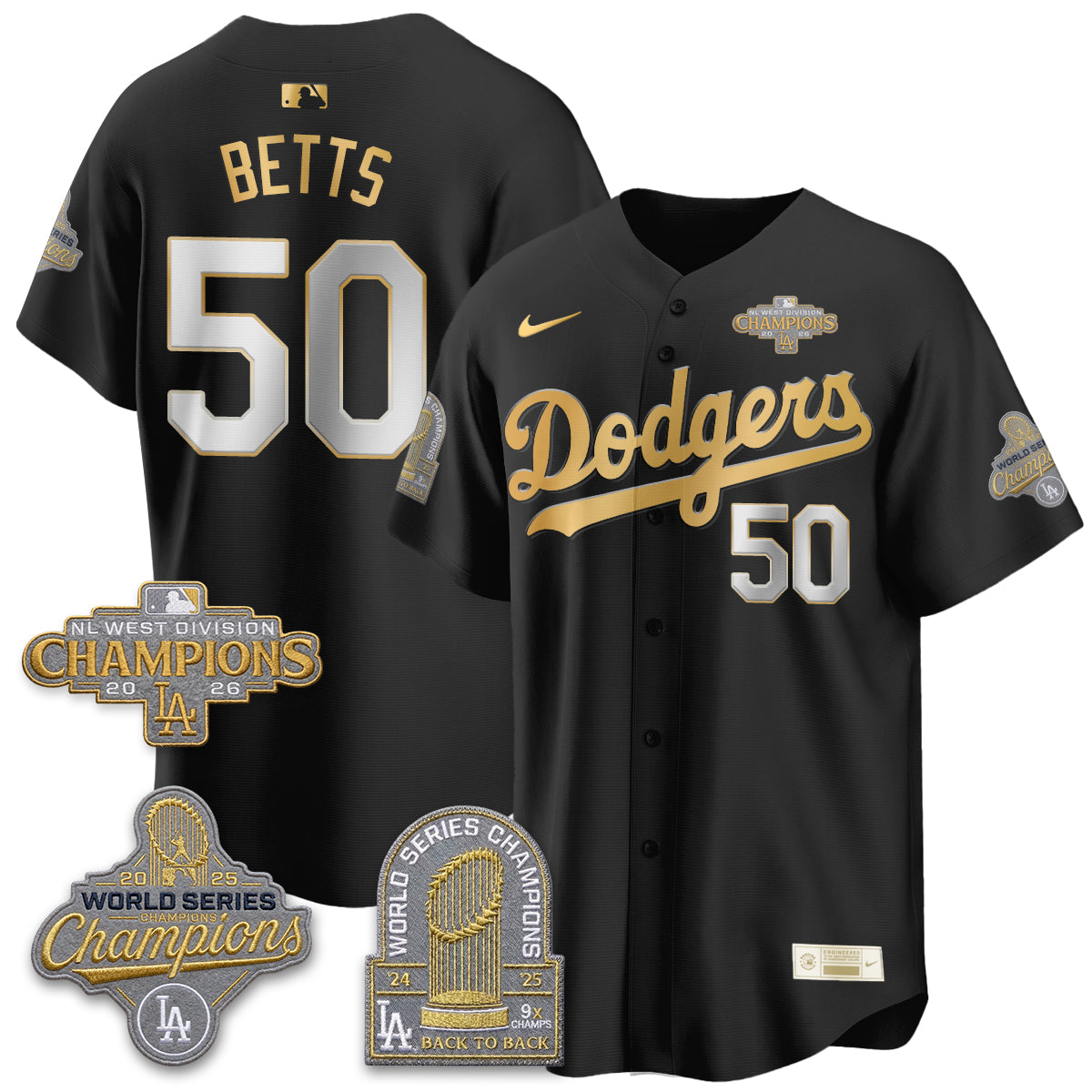 Los Angeles Dodgers 2026 NL West Champs Black Gold Vapor Jersey- Stitched