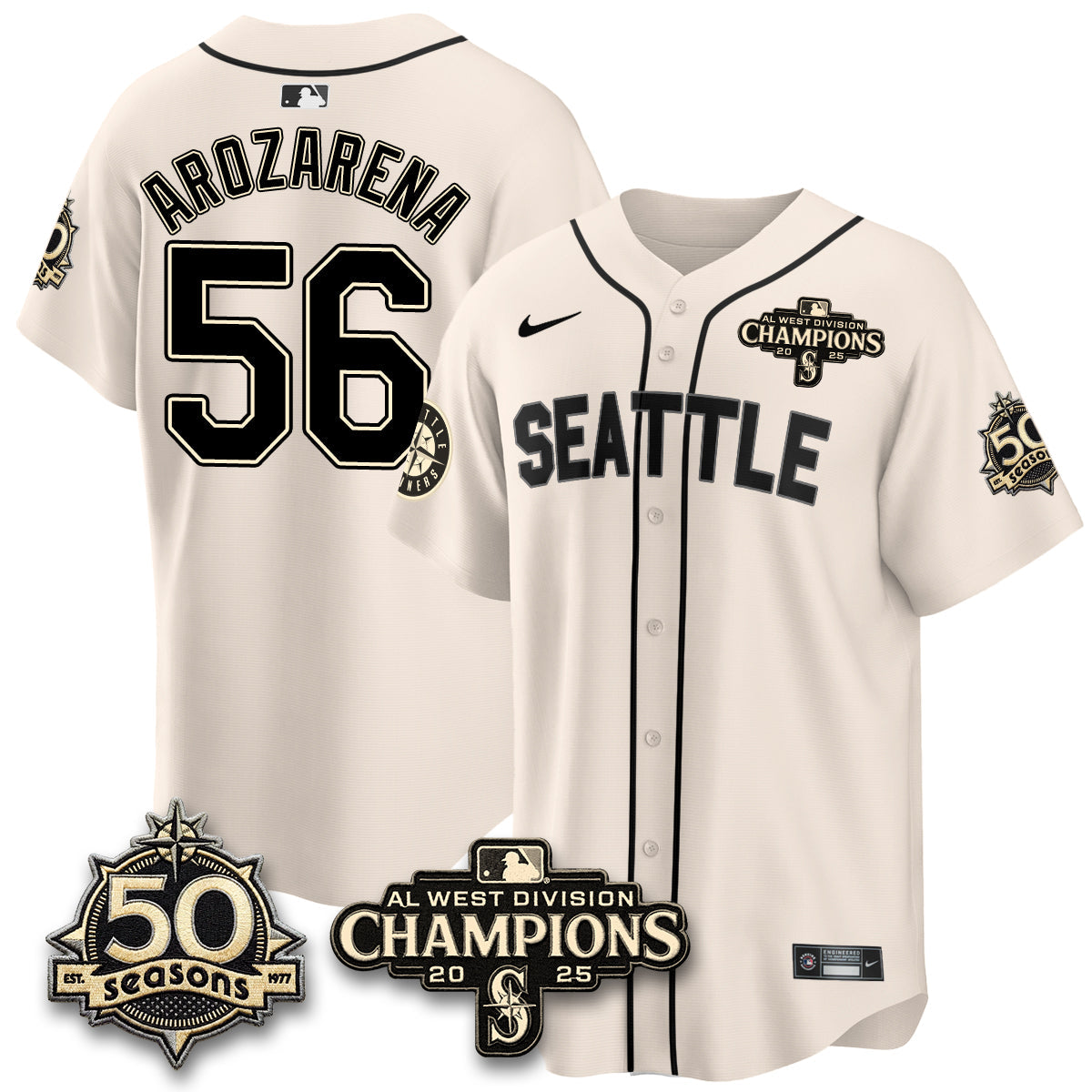 SEA Limited Throwback Cream Jersey - 50th Anniversary & AL West Division Champions - All Stitched