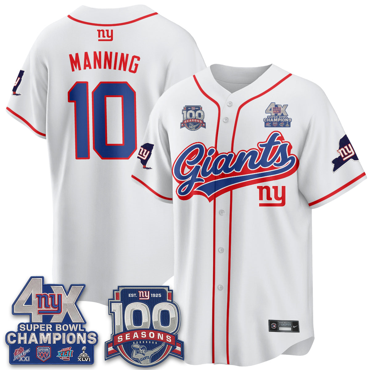 NYG 4X Champs & 100 Anniversary Vapor Baseball Jersey V2- Stitched