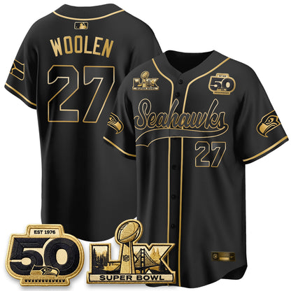 Seattle Seahawks SB LX Champs Gold Edition Baseball Jersey - Stitch