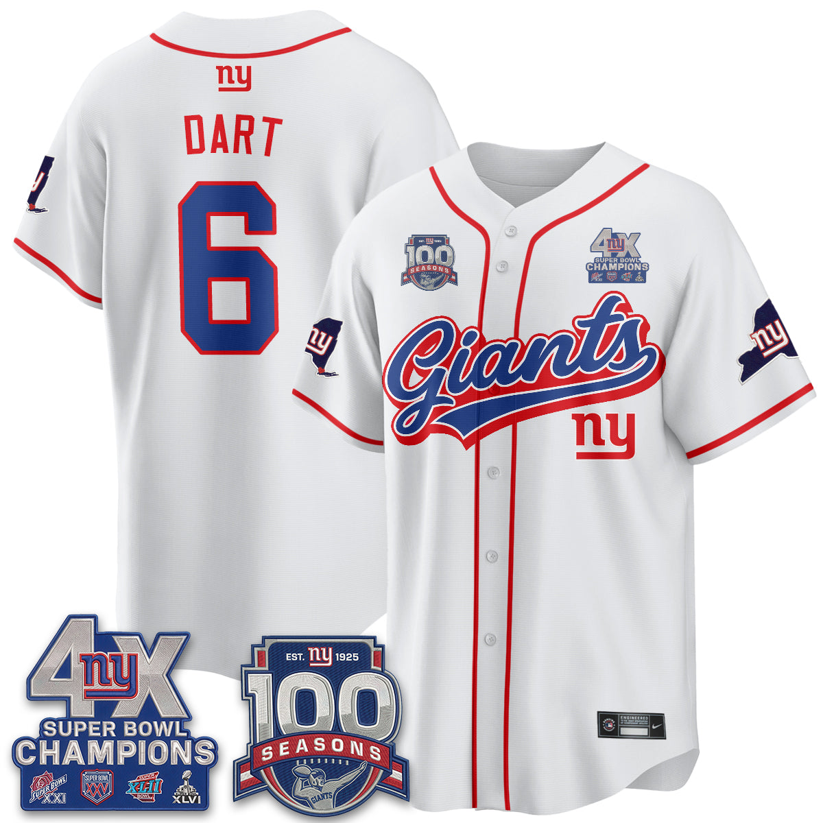NYG 4X Champs & 100 Anniversary Vapor Baseball Jersey V2- Stitched