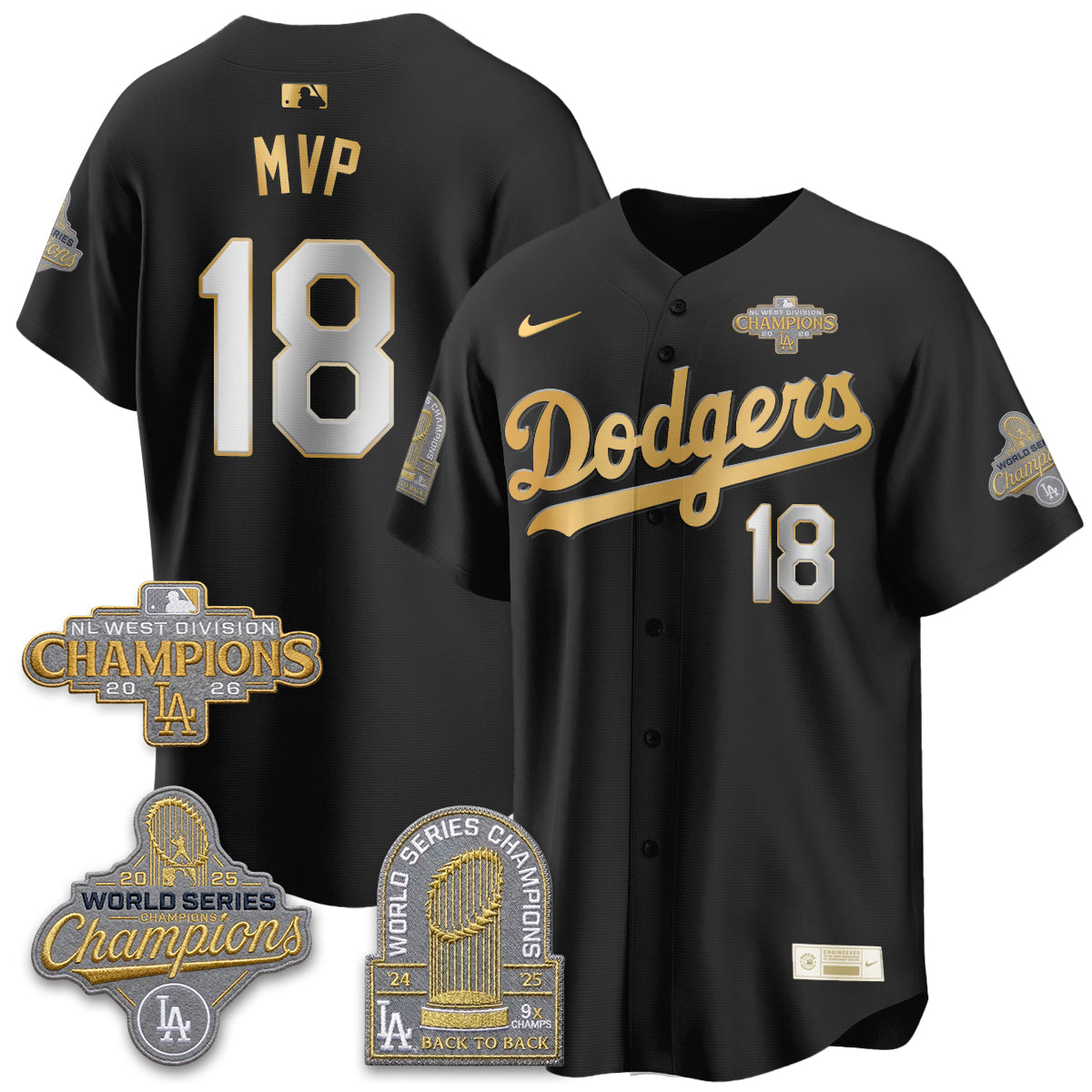 Los Angeles Dodgers 2026 NL West Champs Black Gold Vapor Jersey- Stitched