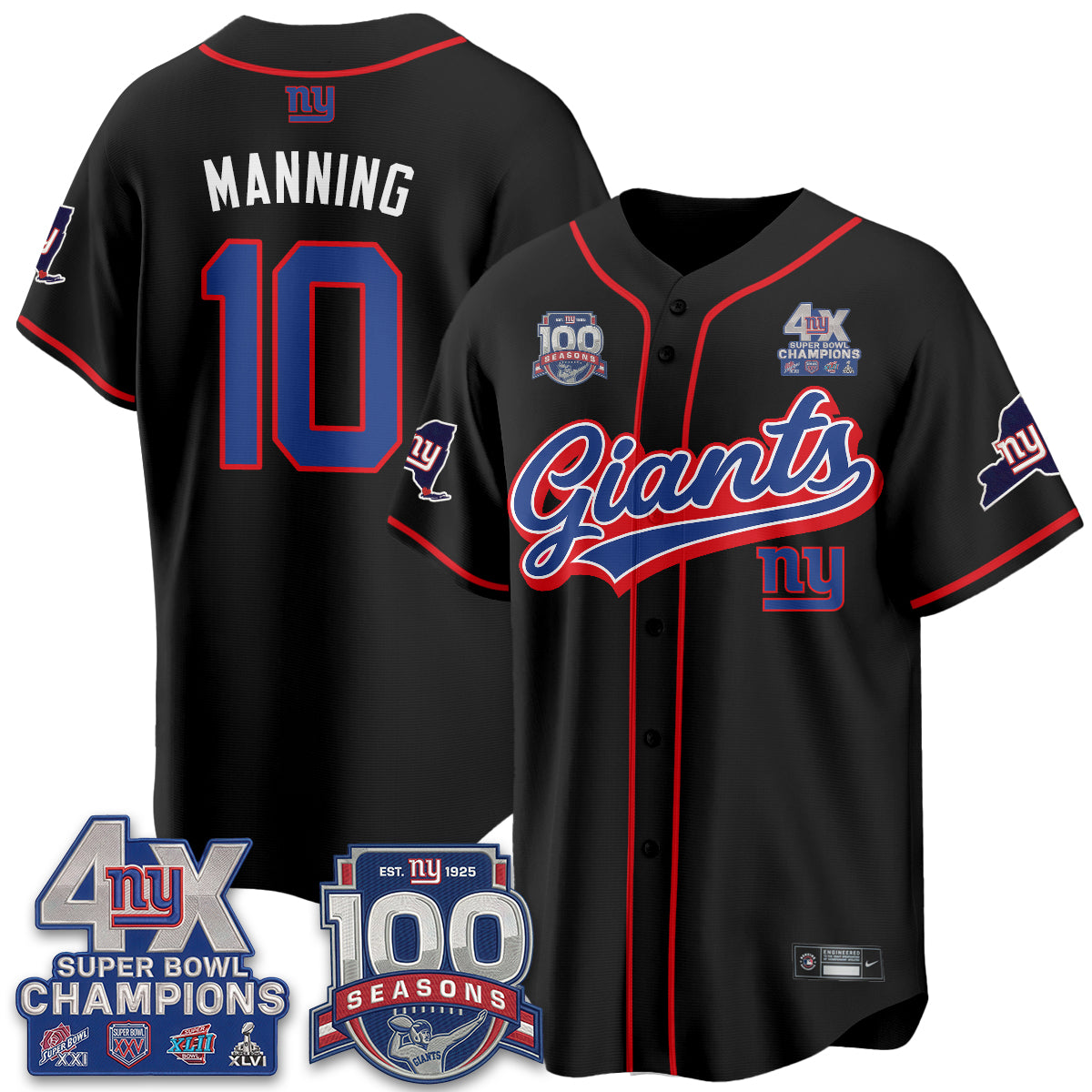 NYG 4X Champs & 100 Anniversary Vapor Baseball Jersey V2- Stitched