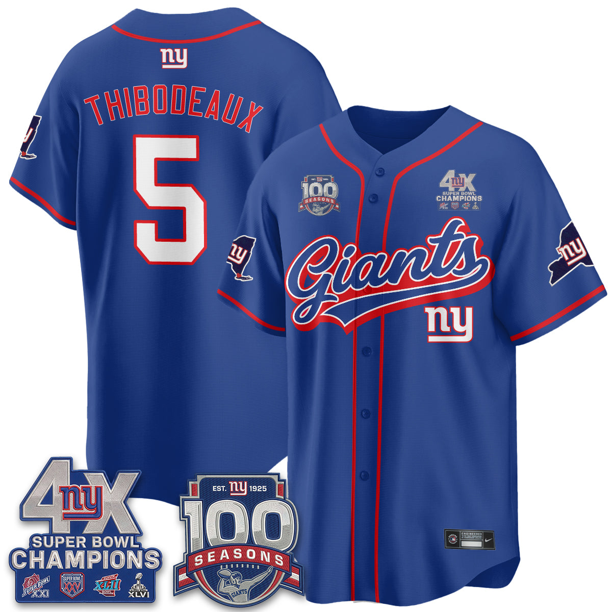 NYG 4X Champs & 100 Anniversary Vapor Baseball Jersey V2- Stitched