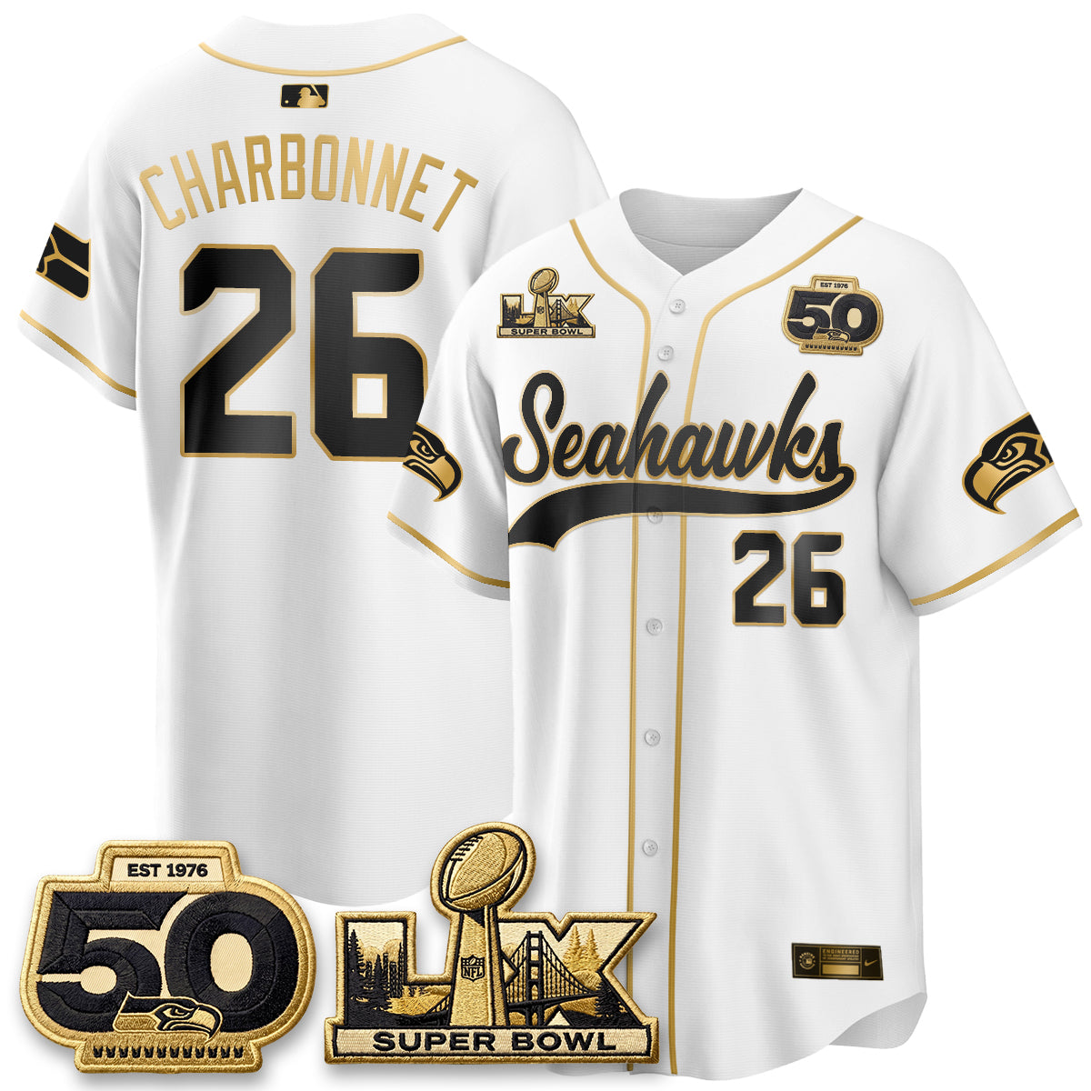 Seattle Seahawks SB LX Champs Gold Edition Baseball Jersey - Stitch