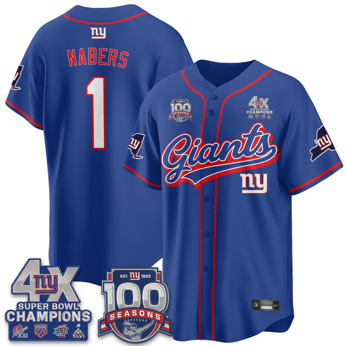 NYG 4X Champs & 100 Anniversary Vapor Baseball Jersey V2- Stitched