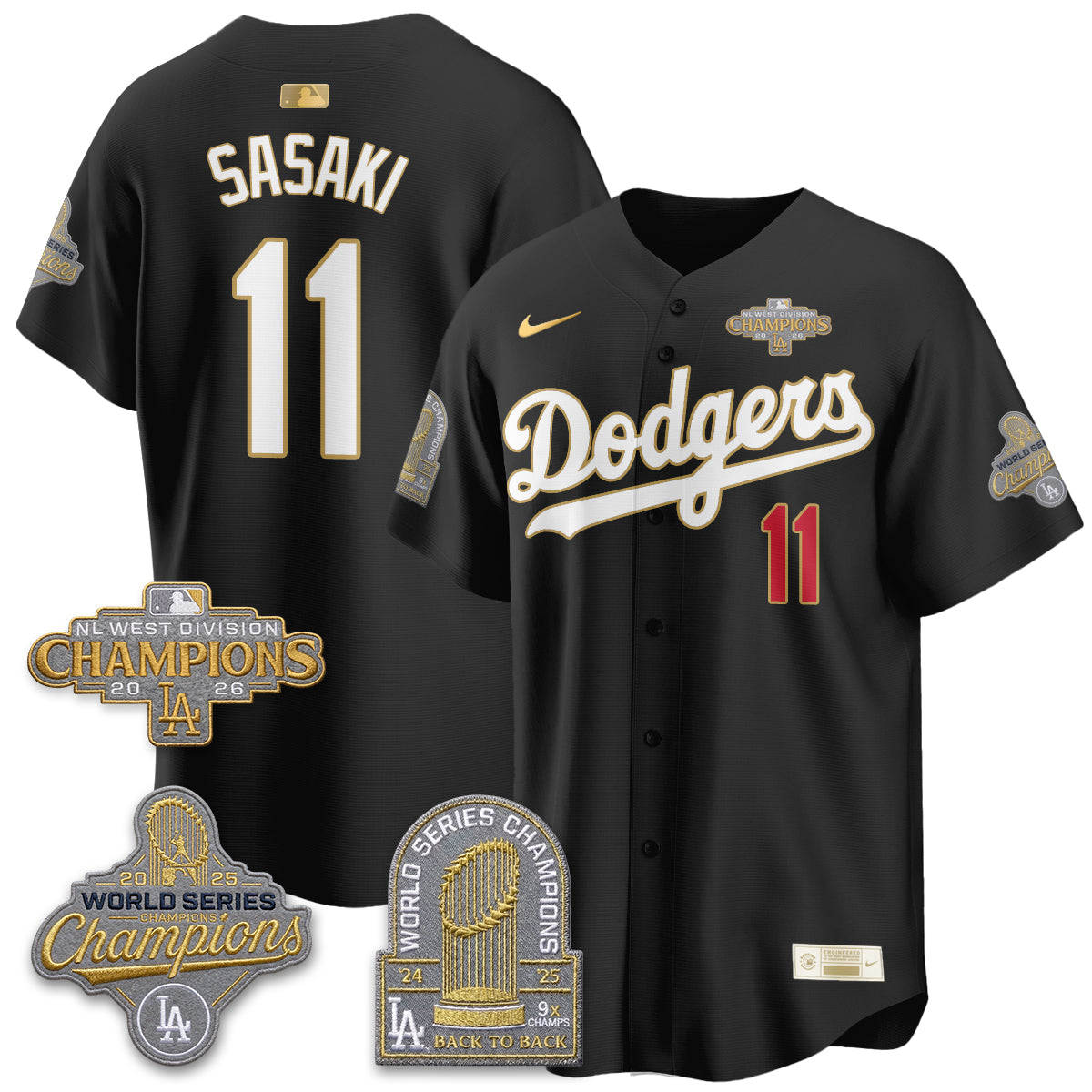 Los Angeles Dodgers 2026 NL West Champs Black Gold Vapor Jersey- Stitched
