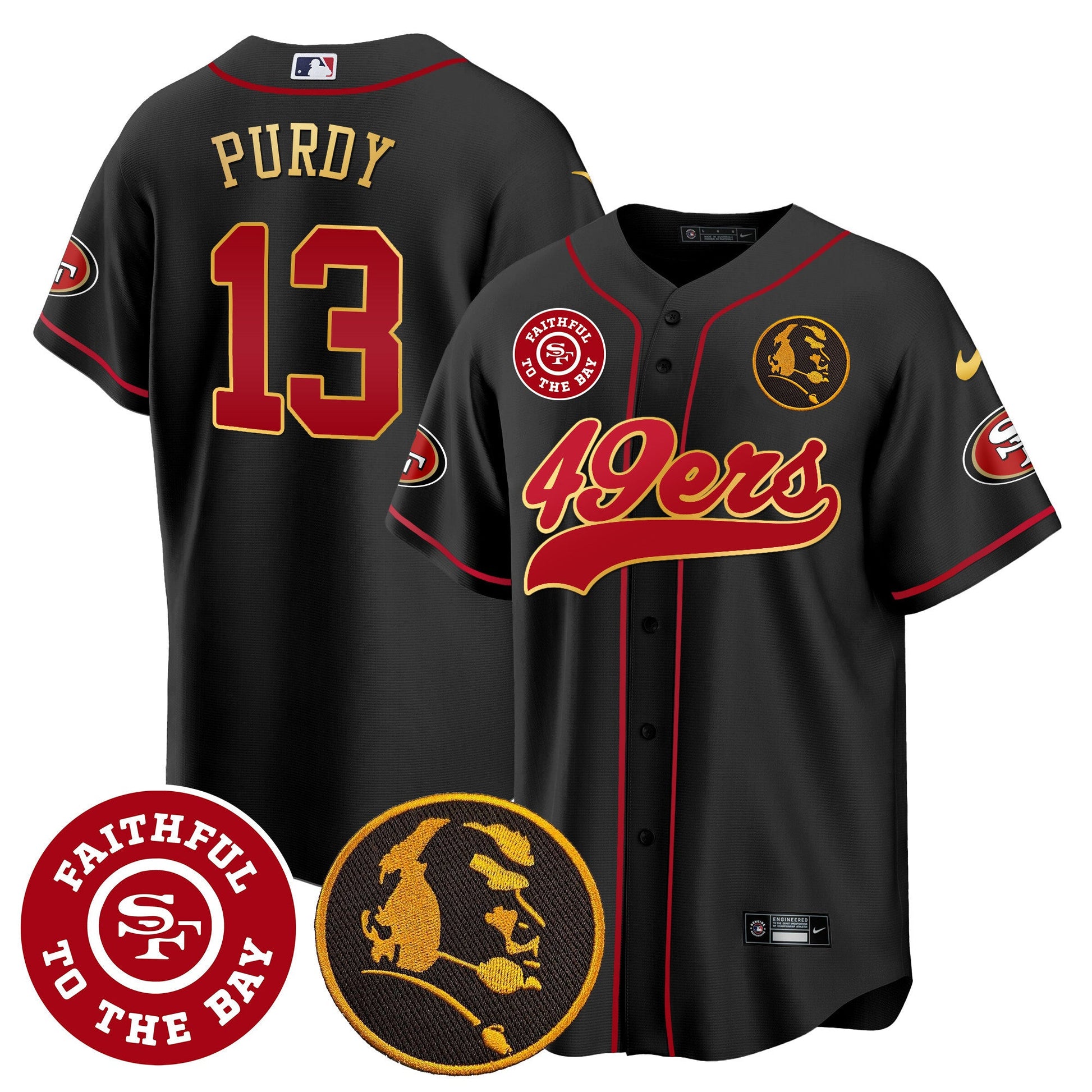 Men's 49ers Faithful & John Madden Patch Baseball Gold Trim Jersey - All Stitched