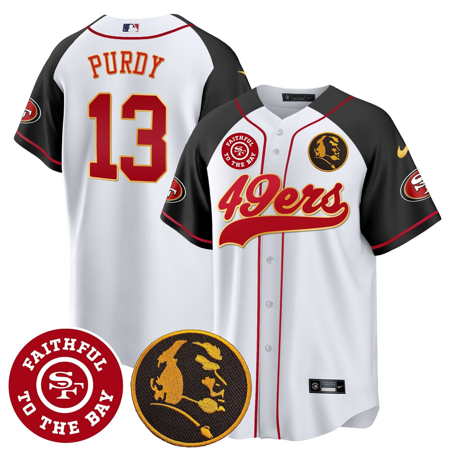 Men's 49ers Faithful & John Madden Patch Baseball Gold Trim Jersey - All Stitched