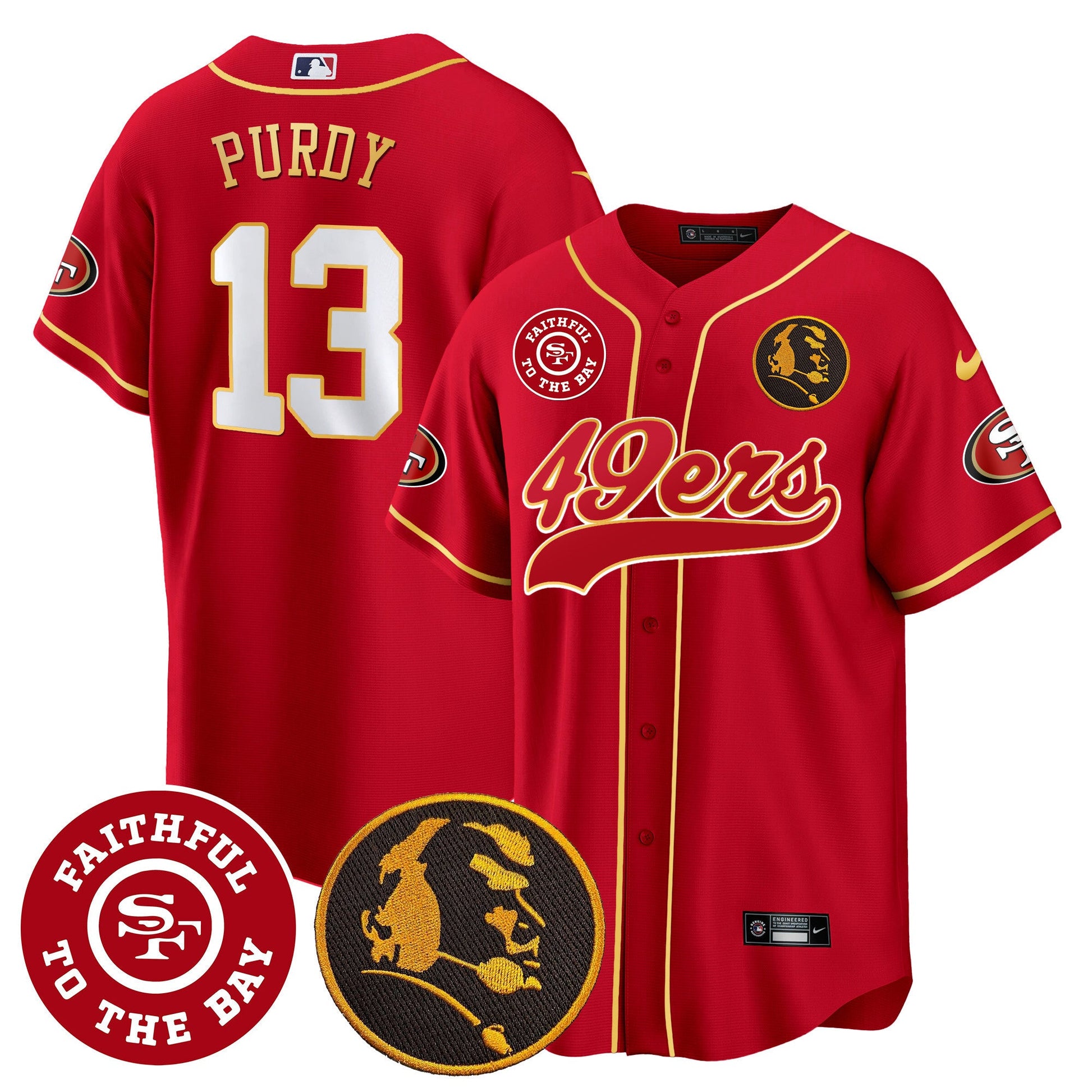 Men's 49ers Faithful & John Madden Patch Baseball Gold Trim Jersey - All Stitched