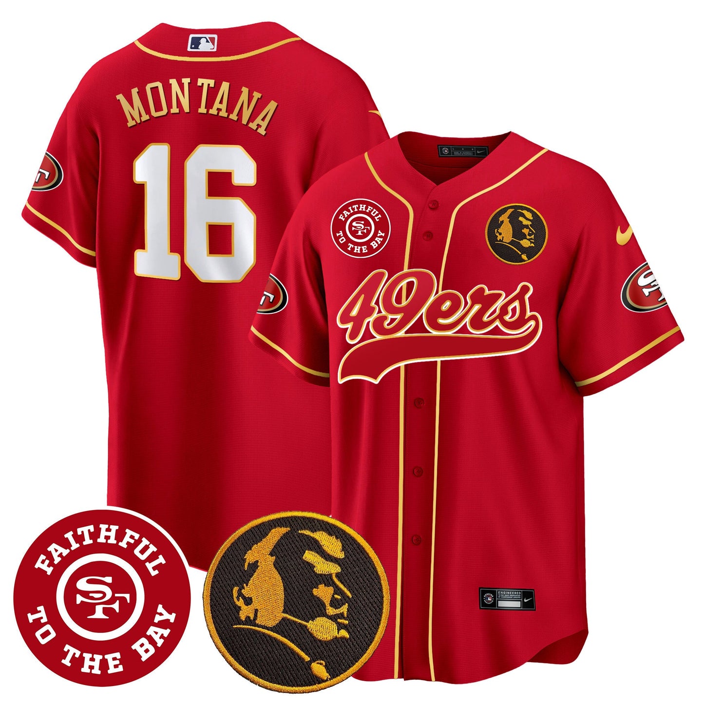 Men's 49ers Faithful & John Madden Patch Baseball Gold Trim Jersey - All Stitched