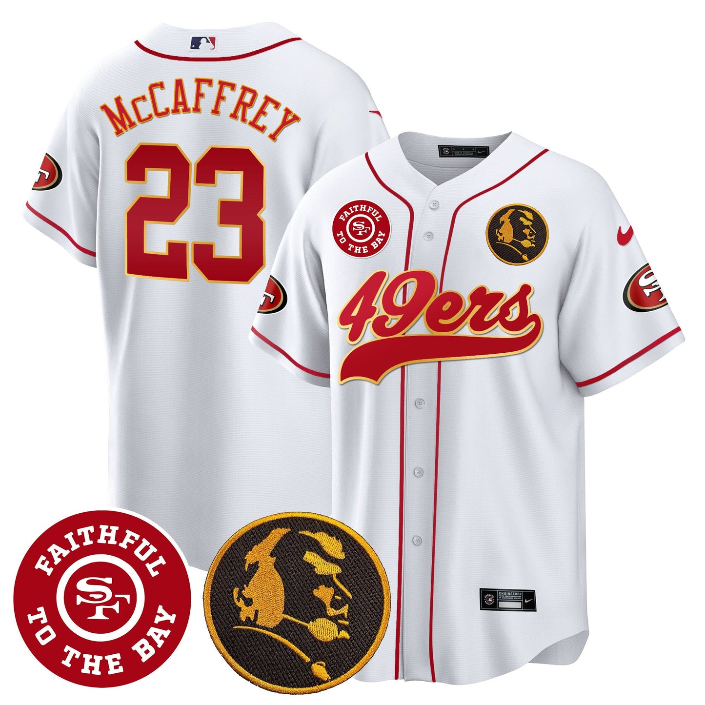 Men's 49ers Faithful & John Madden Patch Baseball Gold Trim Jersey - All Stitched