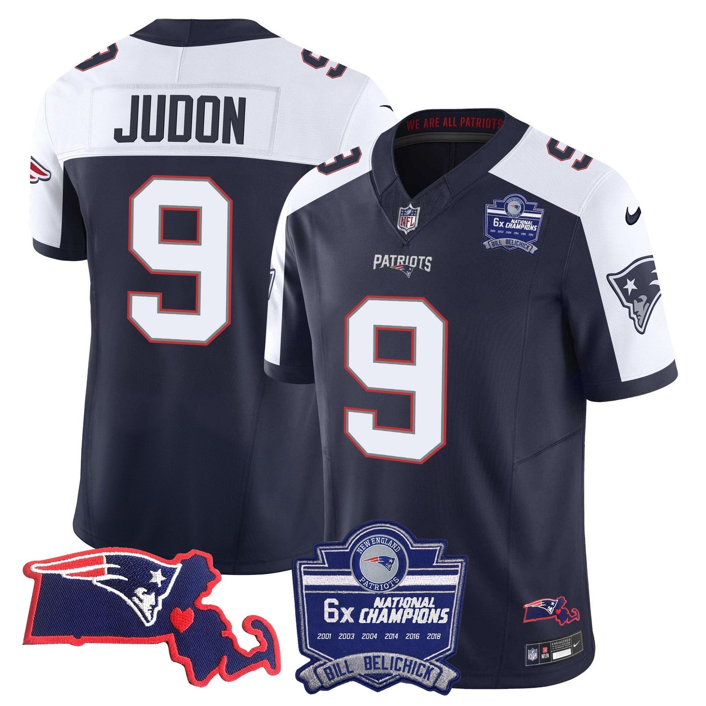 Men's Patriots Bill Belichick 6x Champions Patch Vapor Jersey - All Stitched