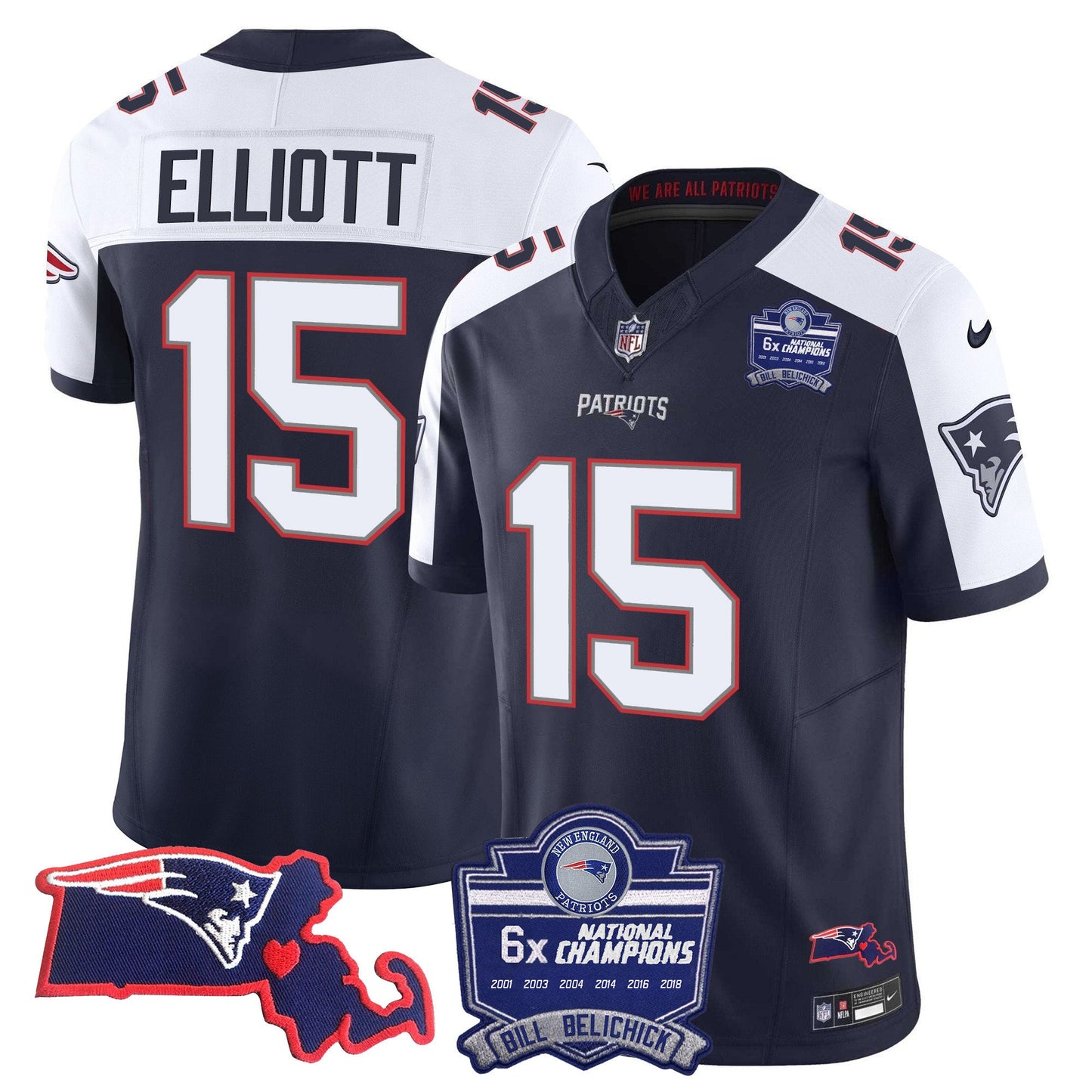 Men's Patriots Bill Belichick 6x Champions Patch Vapor Jersey - All Stitched