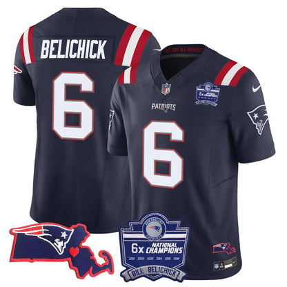 Men's Patriots Bill Belichick 6x Champions Patch Vapor Jersey - All Stitched