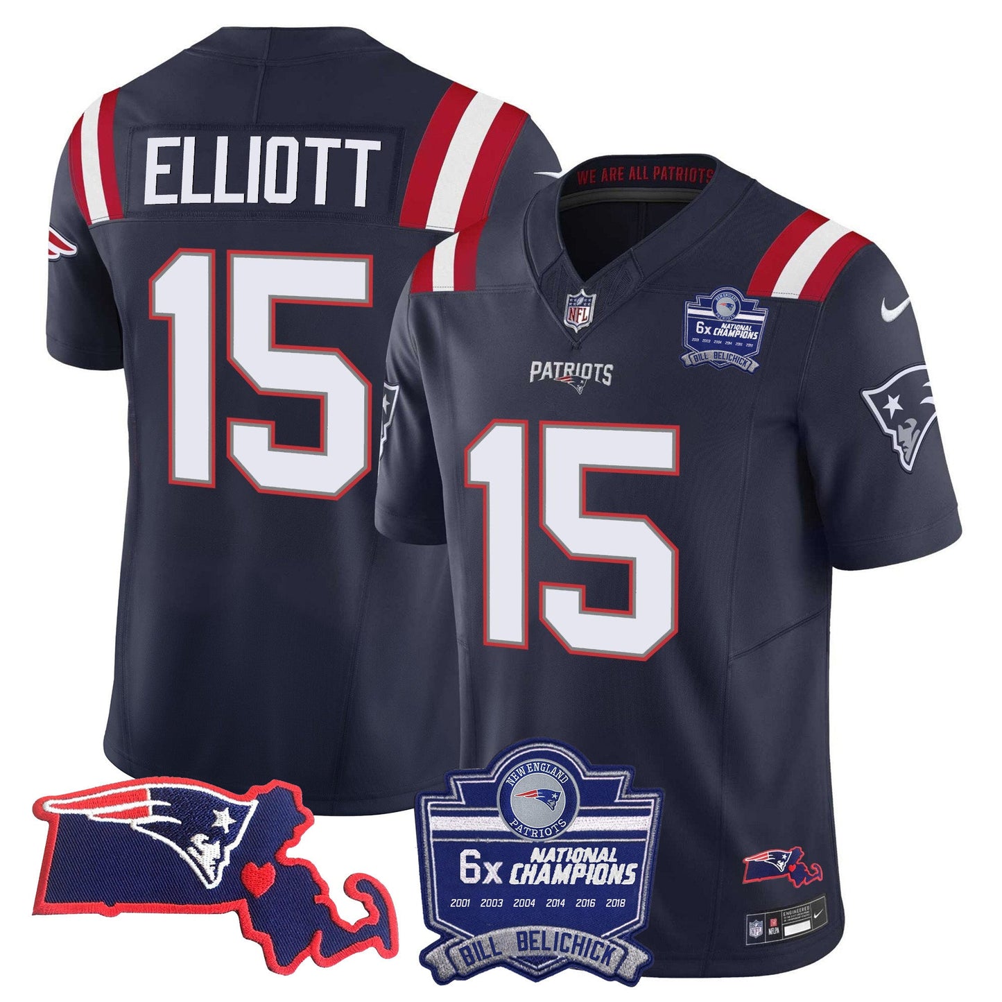 Men's Patriots Bill Belichick 6x Champions Patch Vapor Jersey - All Stitched