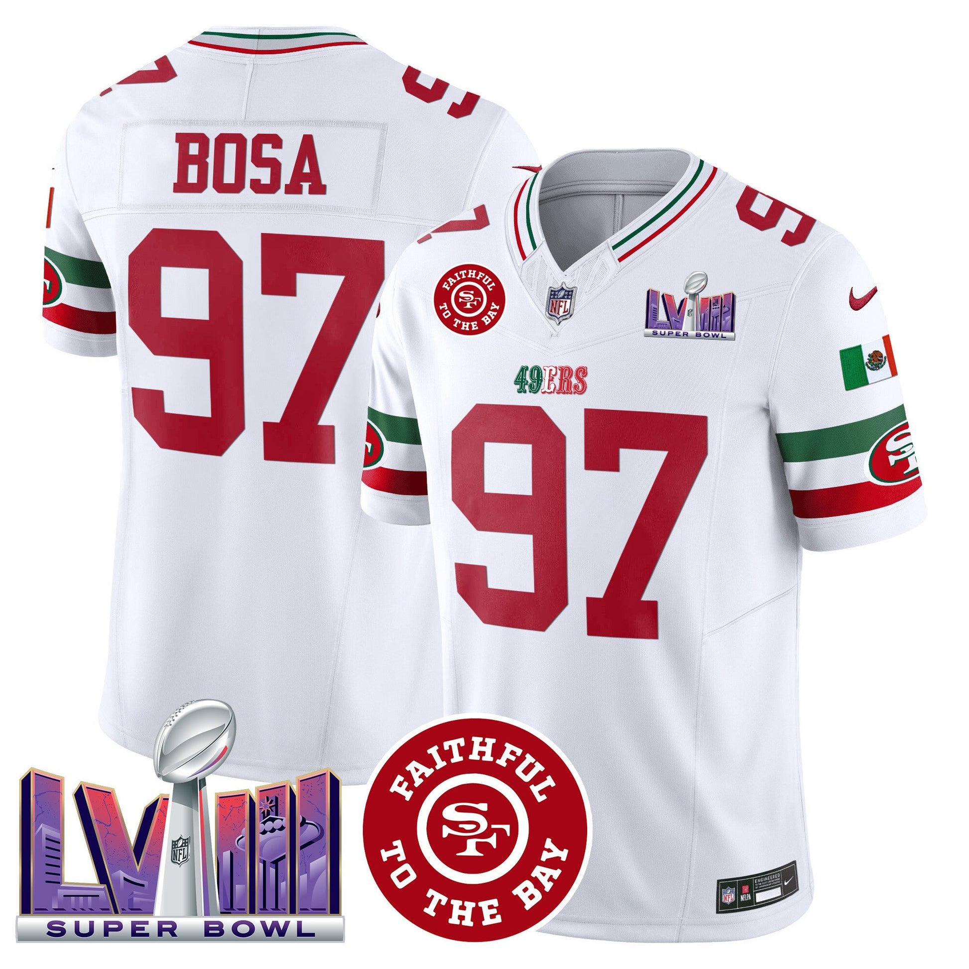 Men's 49ers Mexico Faithful & Super Bowl LVIII Patch Vapor Jersey - All Stitched