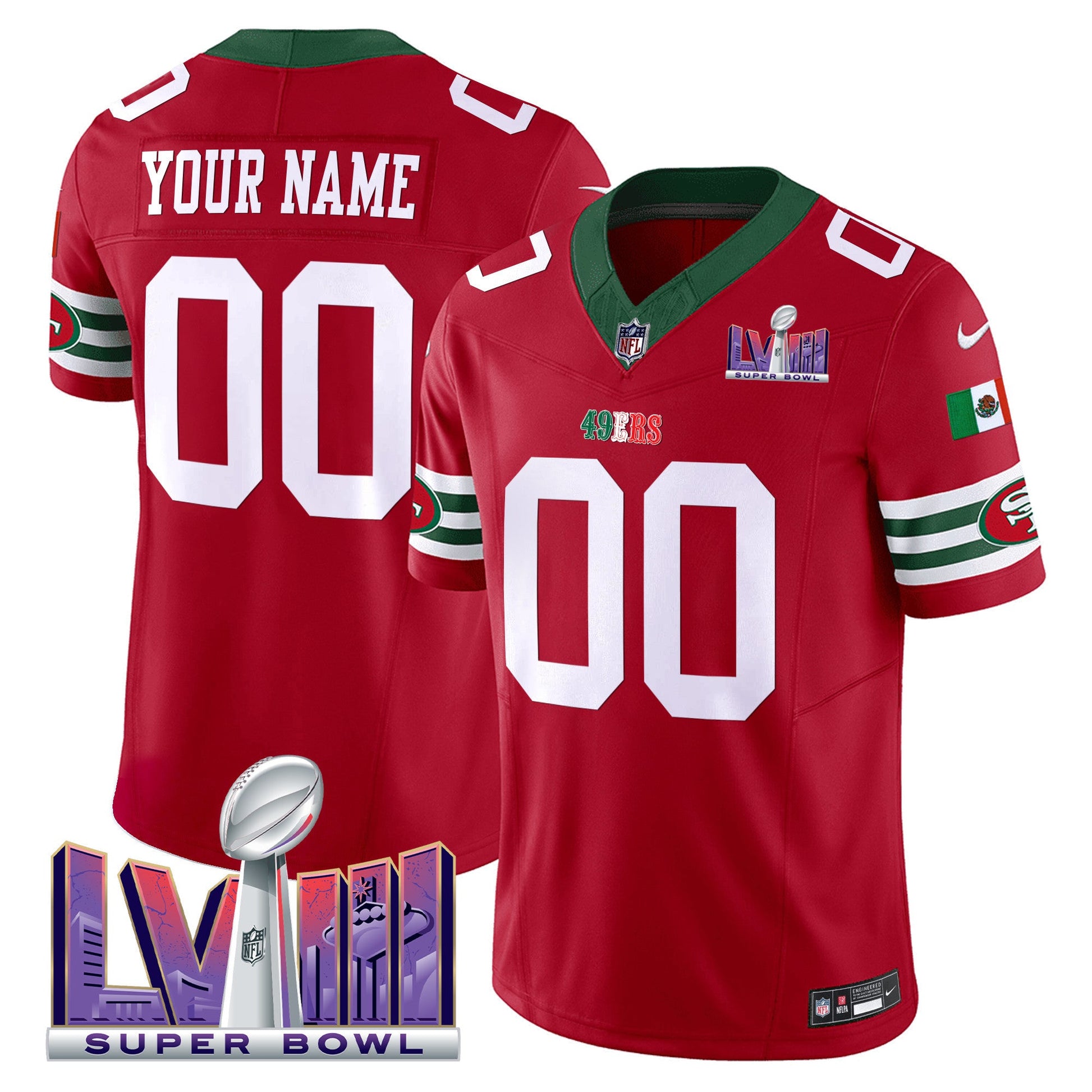 49ers Mexico Super Bowl LVIII Patch Vapor Custom Jersey - All Stitched