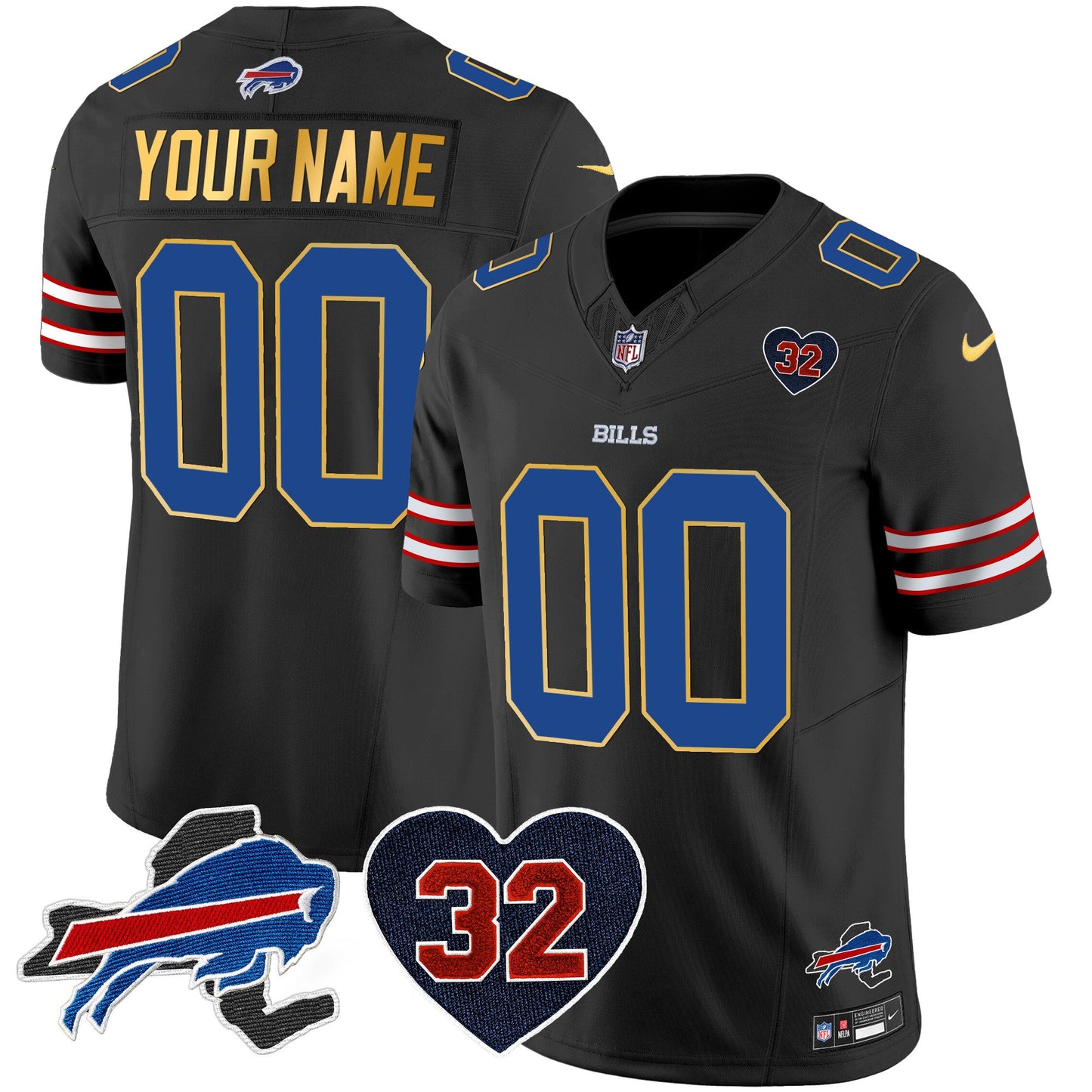 Bills O.J. Simpson Patch Gold Trim Vapor Limited Custom Jersey - All Stitched