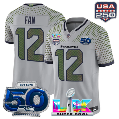 SEA Super Bowl LX - 50th Anniversary Patch Gold Vapor Limited Jersey N19 - All Stitched