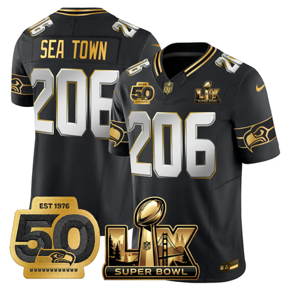 SEA Super Bowl LX - 50th Anniversary Patch Gold Vapor Limited Jersey - All Stitched